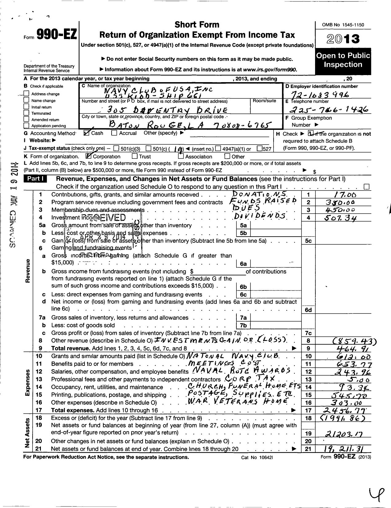 Image of first page of 2013 Form 990EO for Navy Club of USA