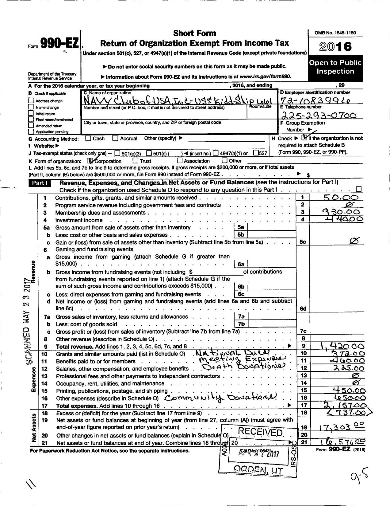 Image of first page of 2016 Form 990EO for Navy Club of USA