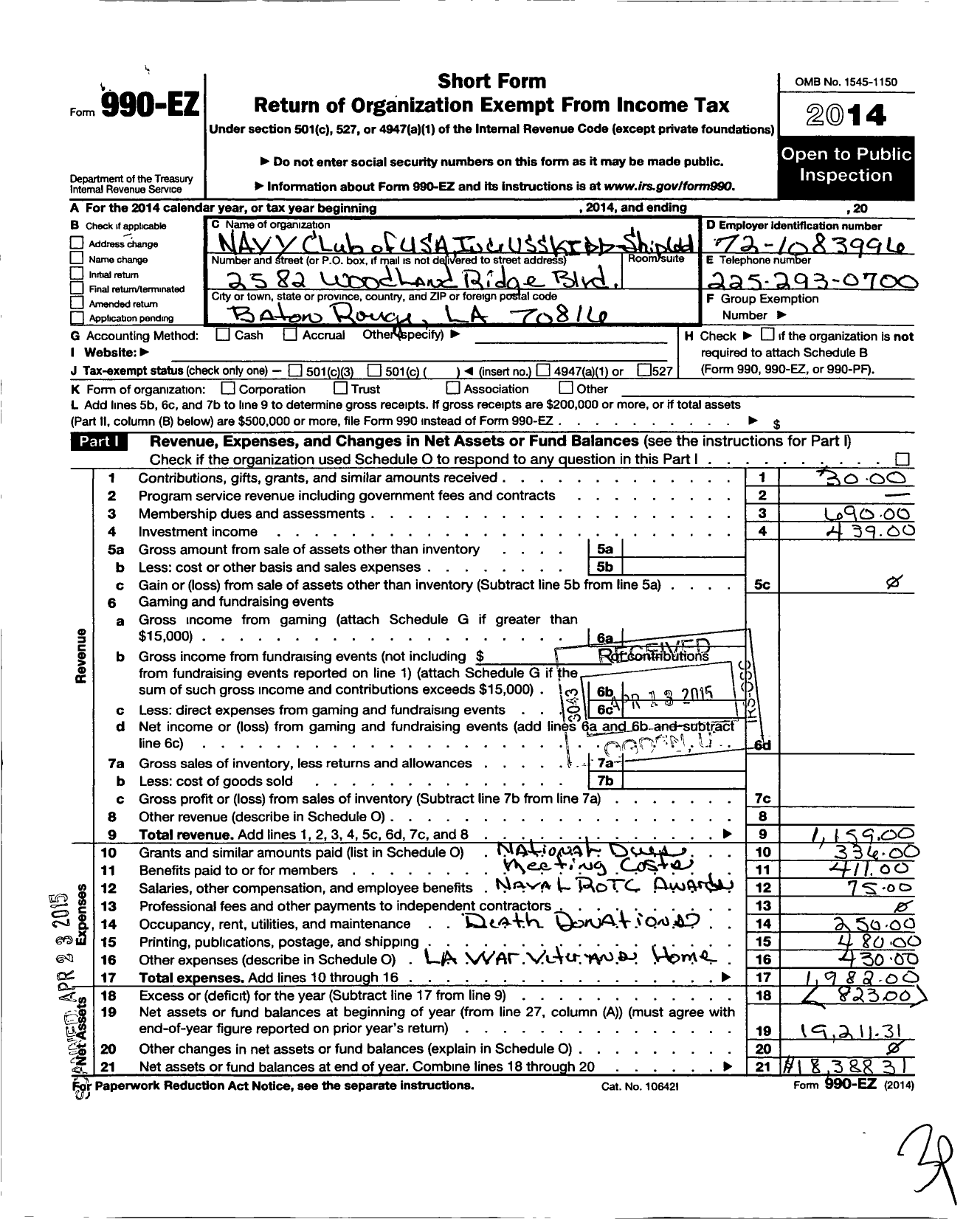 Image of first page of 2014 Form 990EO for Navy Club of USA