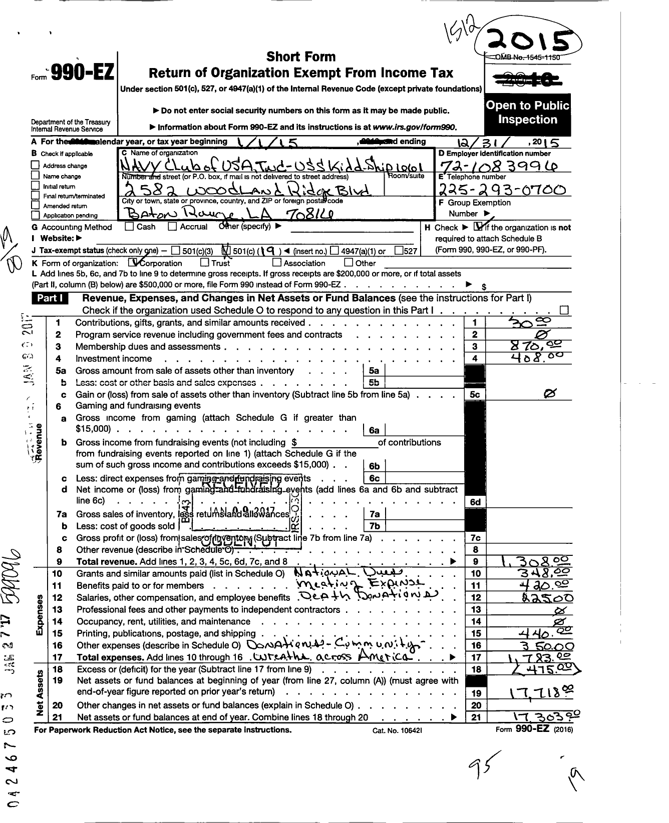 Image of first page of 2015 Form 990EO for Navy Club of USA