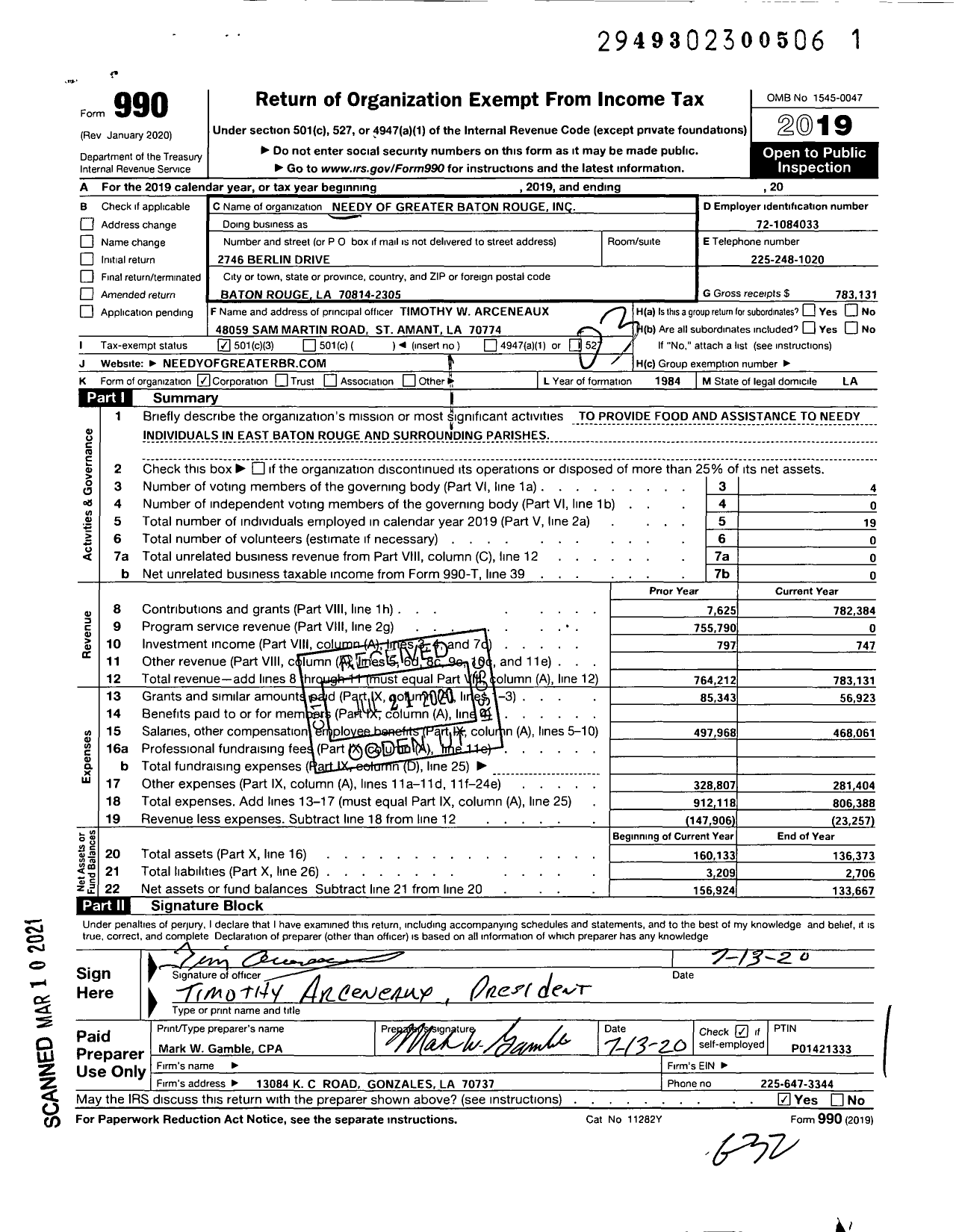 Image of first page of 2019 Form 990 for Needy of Greater Baton Rouge