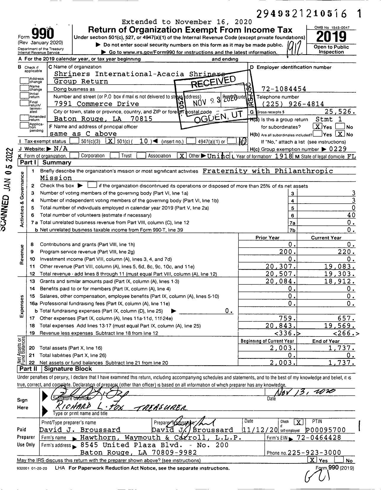 Image of first page of 2019 Form 990O for Ancient Arabic Order of Nobles Acacia Temple Group return