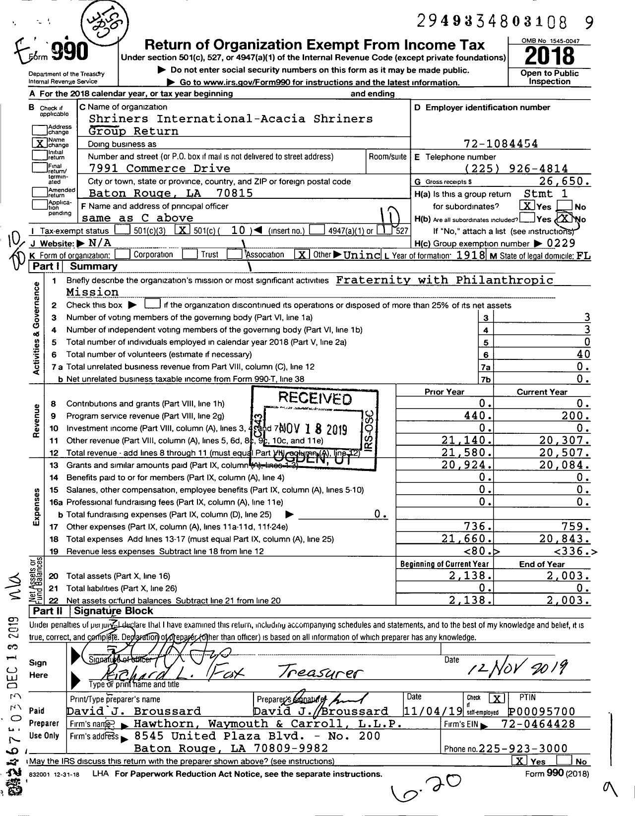 Image of first page of 2018 Form 990O for Ancient Arabic Order of Nobles Acacia Temple Group return