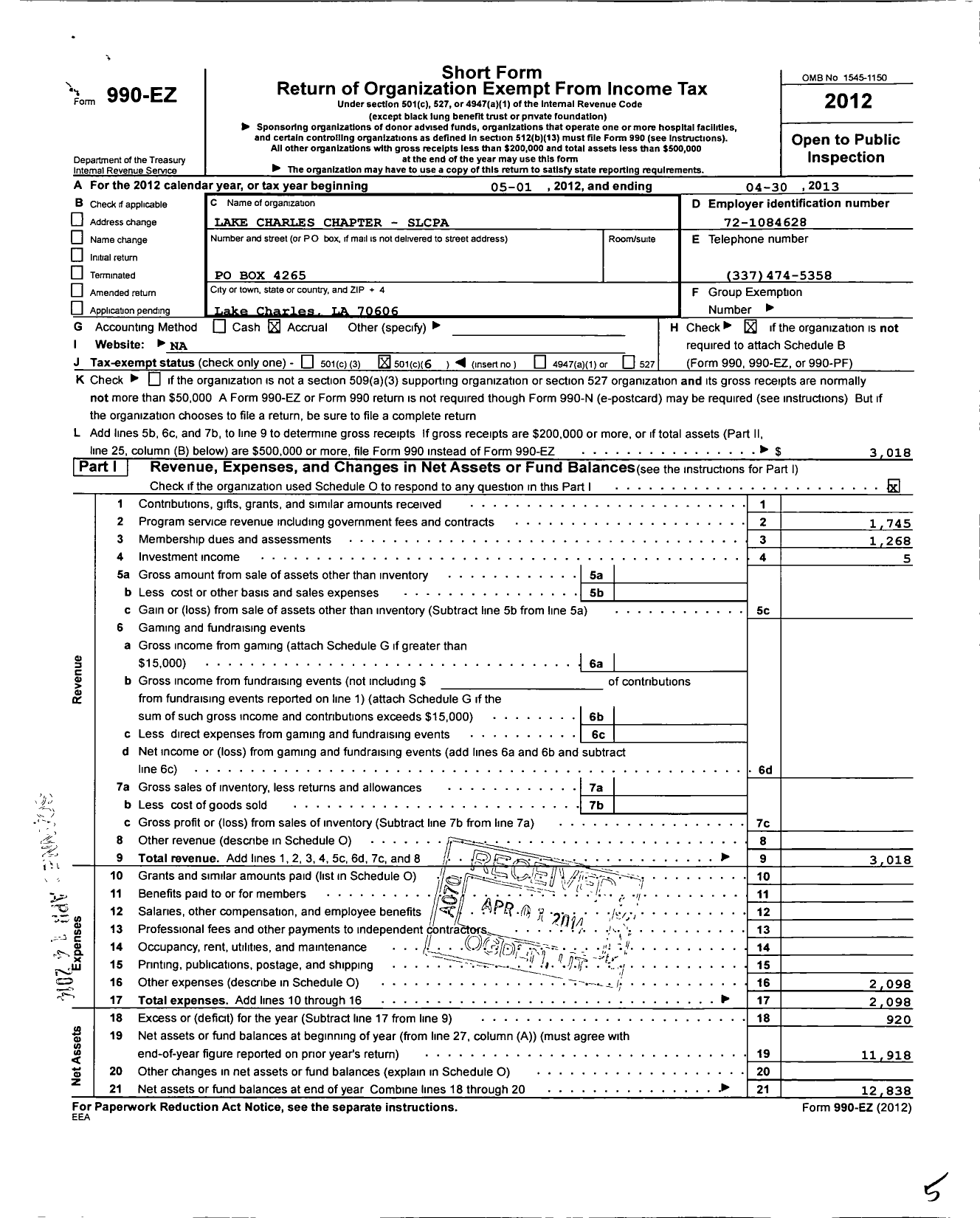 Image of first page of 2012 Form 990EO for Society of Louisiana Certified Public Accountants / Lake Charles Chapter