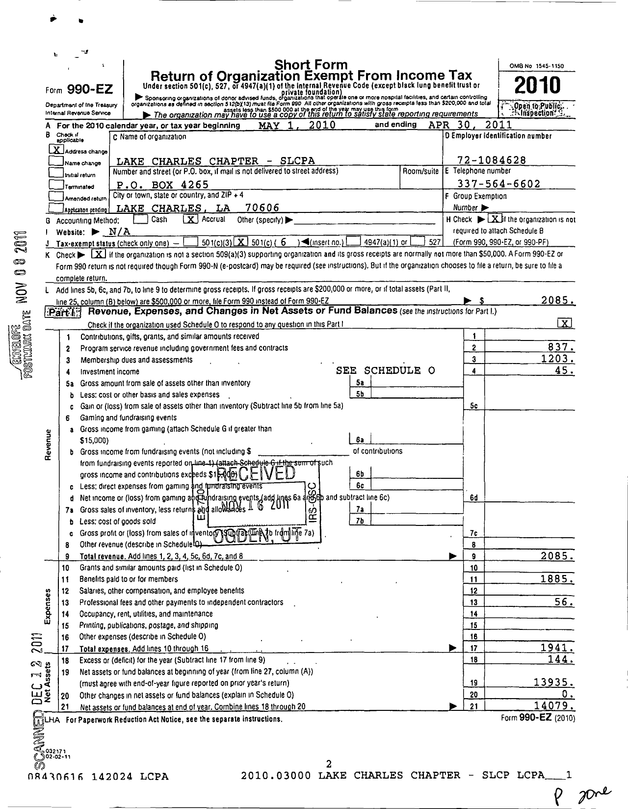 Image of first page of 2010 Form 990EO for Society of Louisiana Certified Public Accountants / Lake Charles Chapter