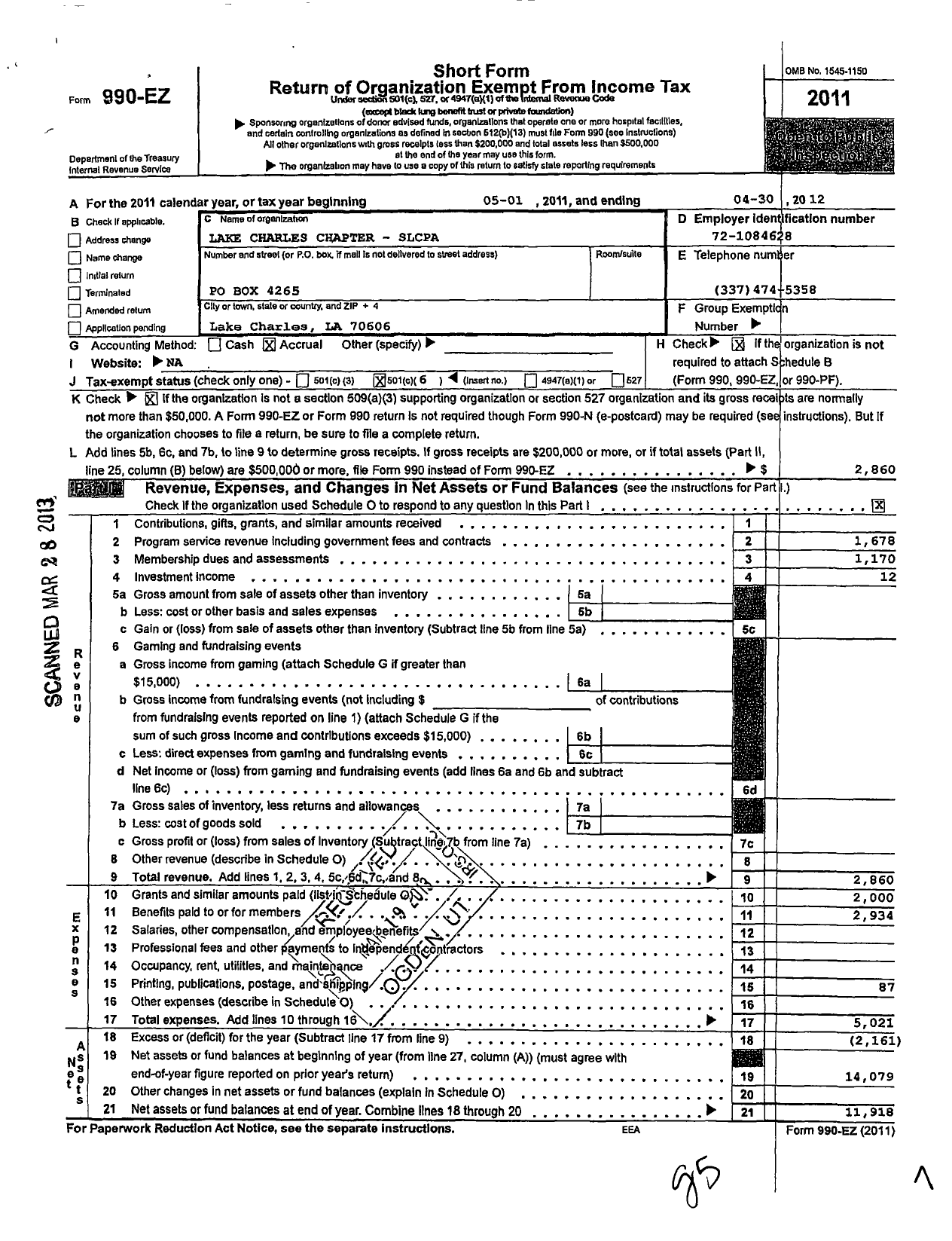 Image of first page of 2011 Form 990EO for Society of Louisiana Certified Public Accountants / Lake Charles Chapter