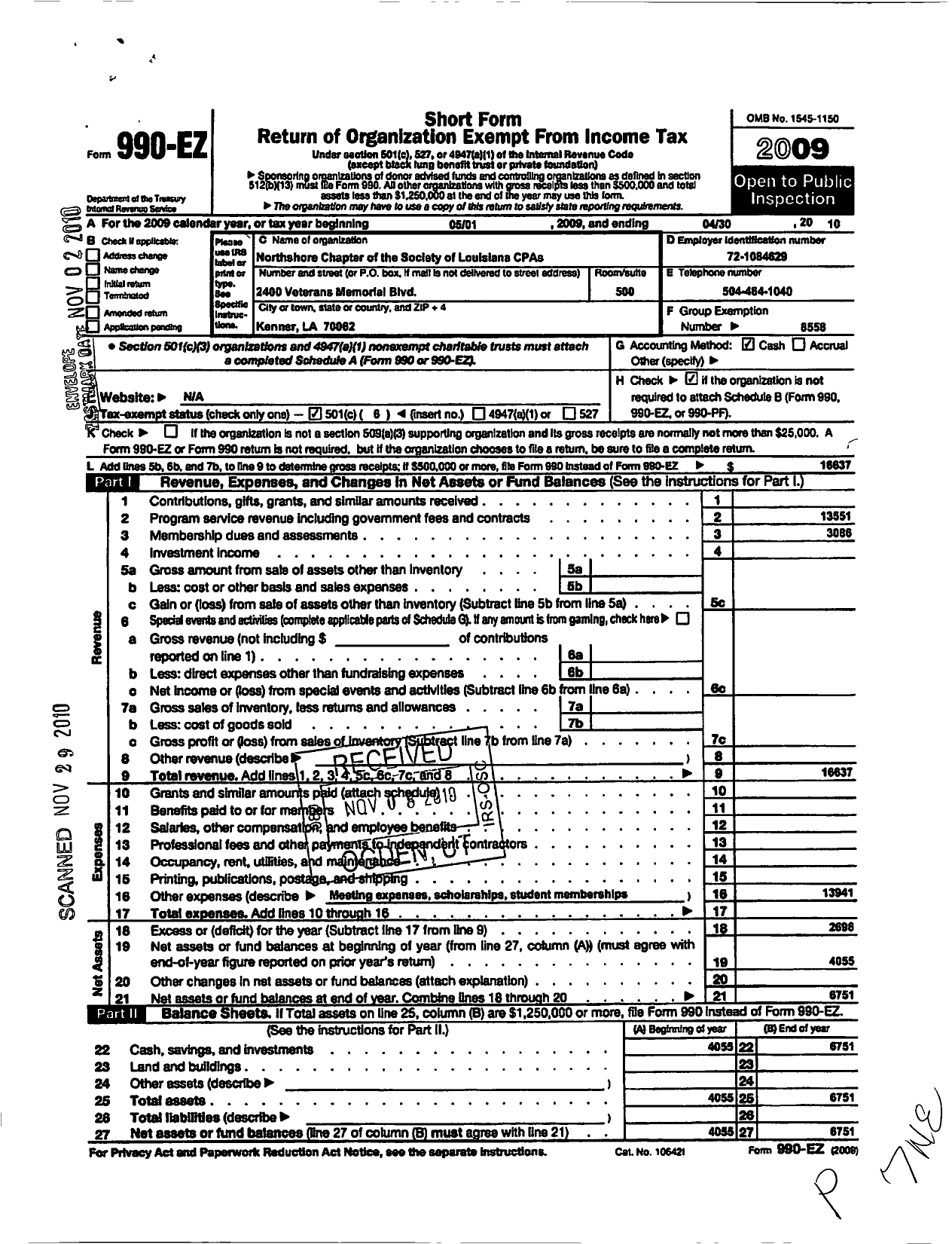 Image of first page of 2009 Form 990EO for Society of Louisiana Certified Public Accountants / Northshore Chapter