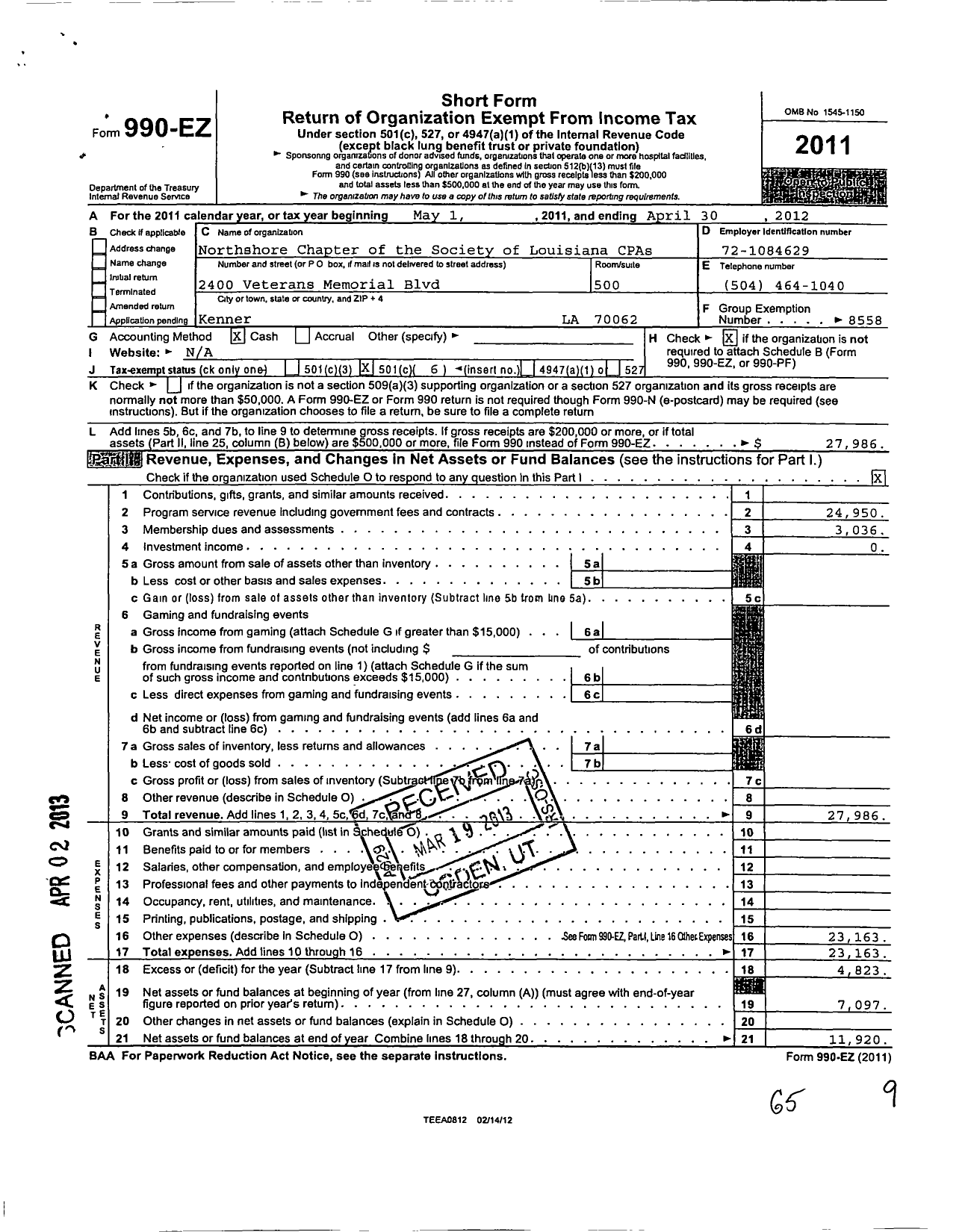 Image of first page of 2011 Form 990EO for Society of Louisiana Certified Public Accountants / Northshore Chapter