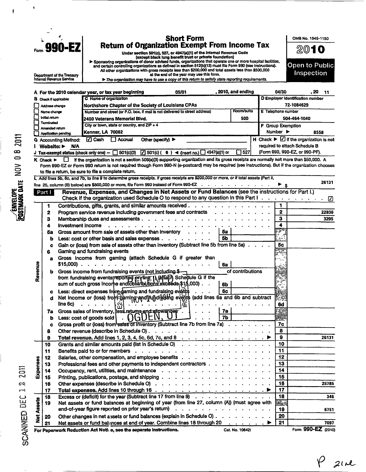 Image of first page of 2010 Form 990EO for Society of Louisiana Certified Public Accountants / Northshore Chapter