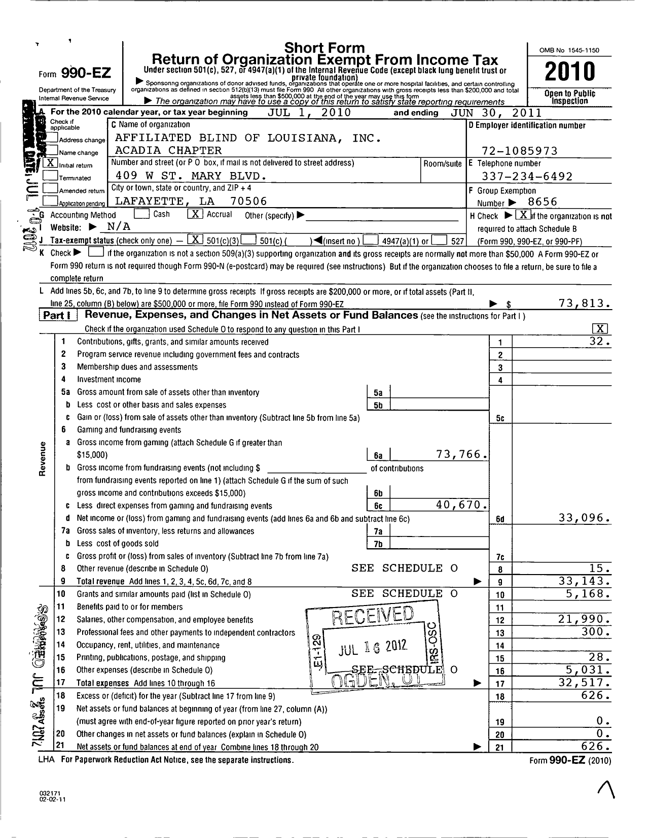 Image of first page of 2010 Form 990EZ for Affiliated Blind of Louisiana / Acadia Parish Chapter