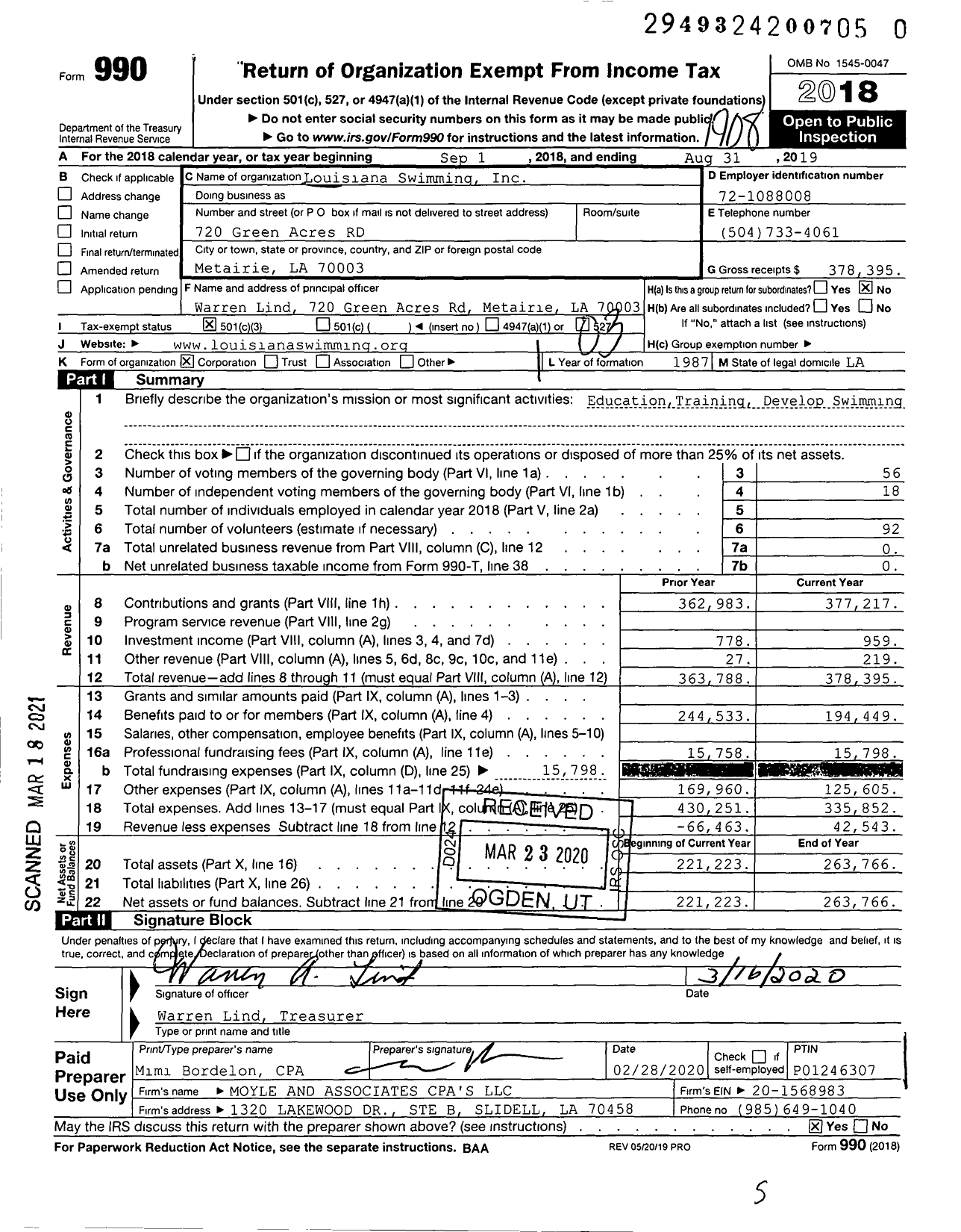 Image of first page of 2018 Form 990 for Louisiana Swimming