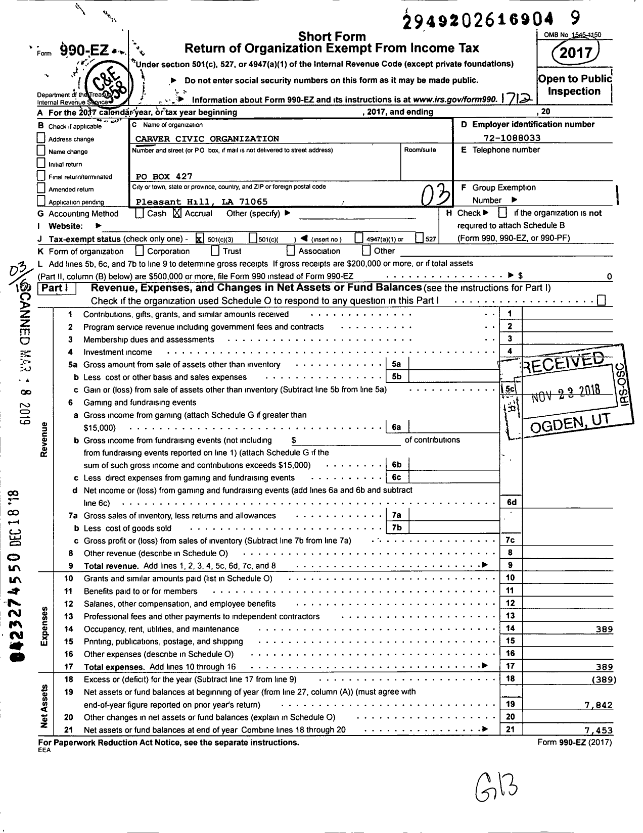 Image of first page of 2017 Form 990EZ for Carver Civic Organization