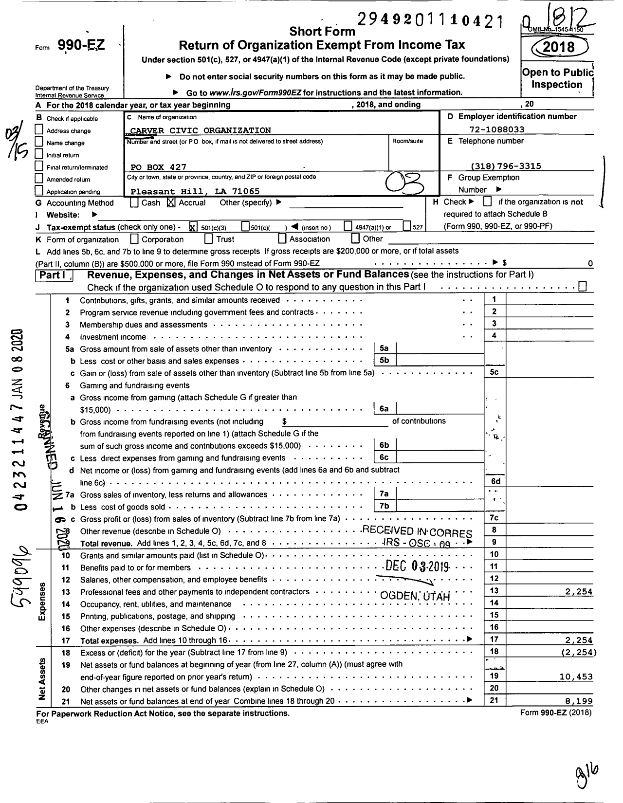 Image of first page of 2018 Form 990EZ for Carver Civic Organization