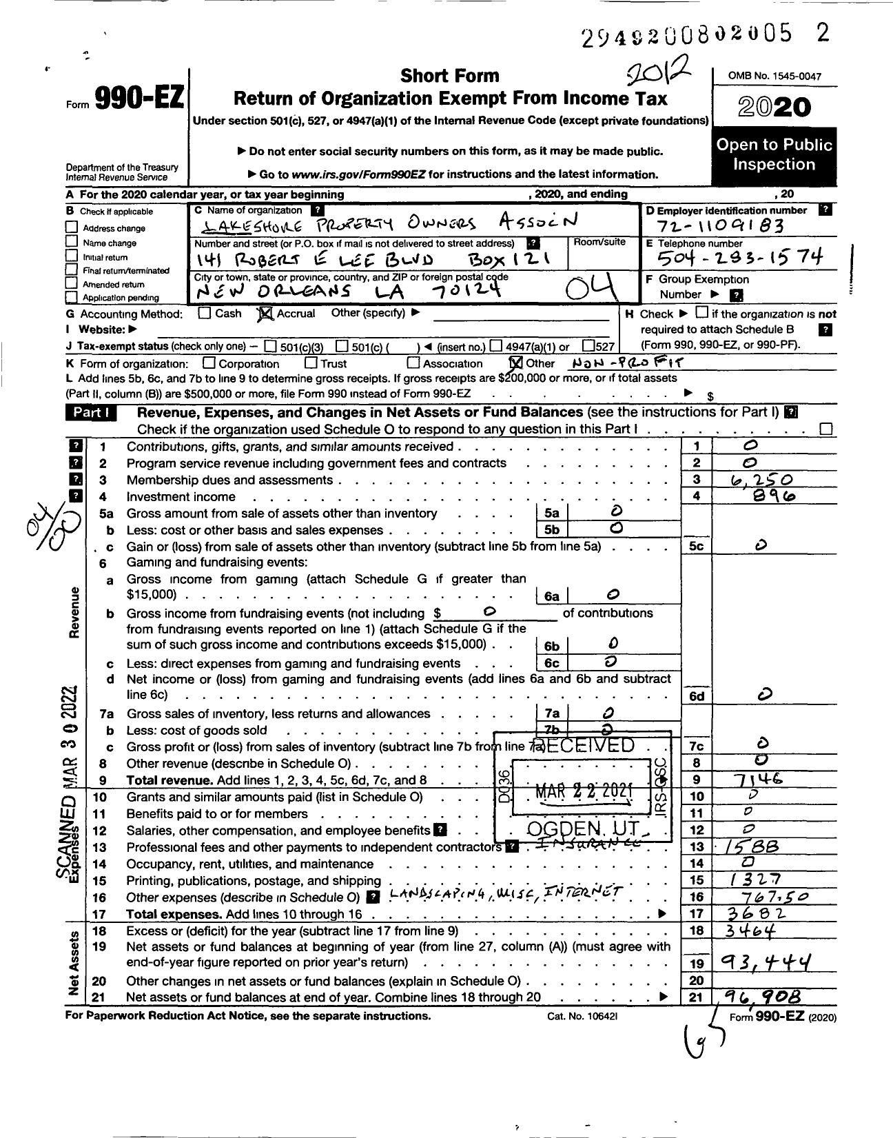 Image of first page of 2020 Form 990EO for Lakeshore Property Owners Association