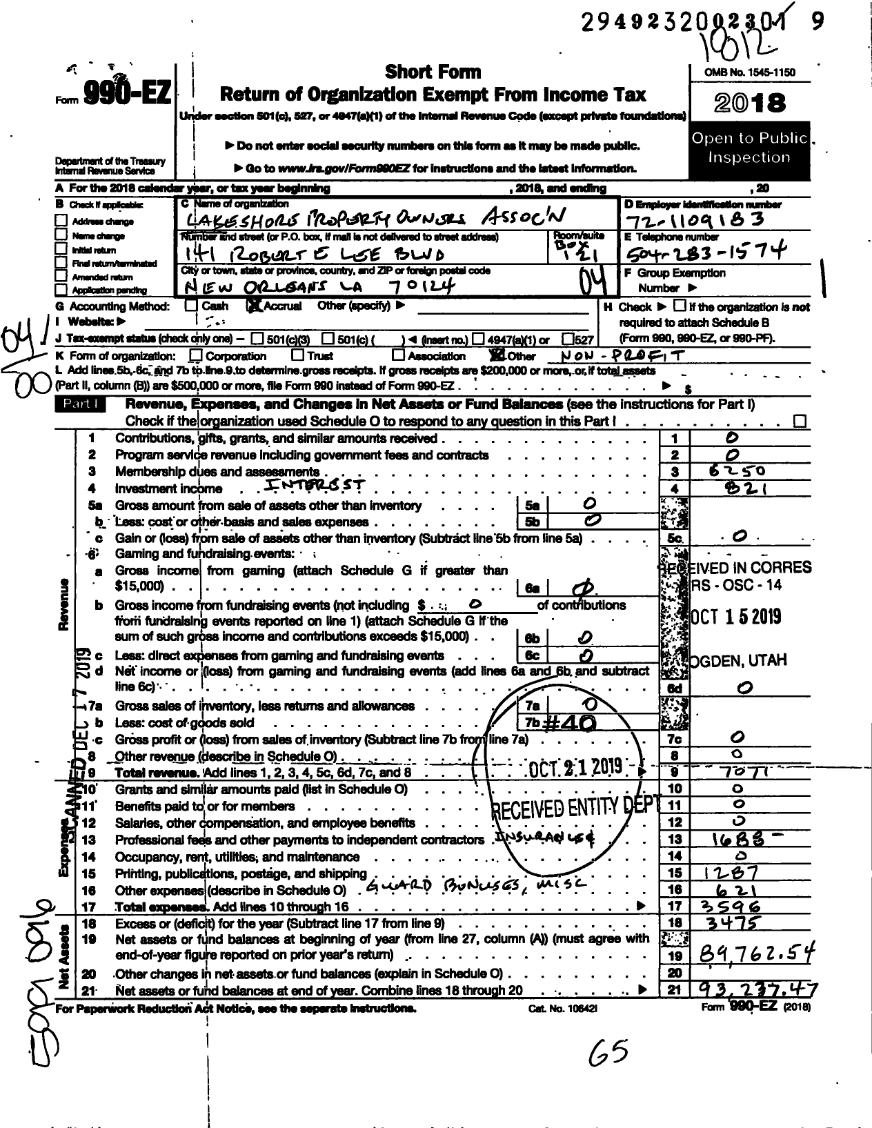 Image of first page of 2018 Form 990EO for Lakeshore Property Owners Association