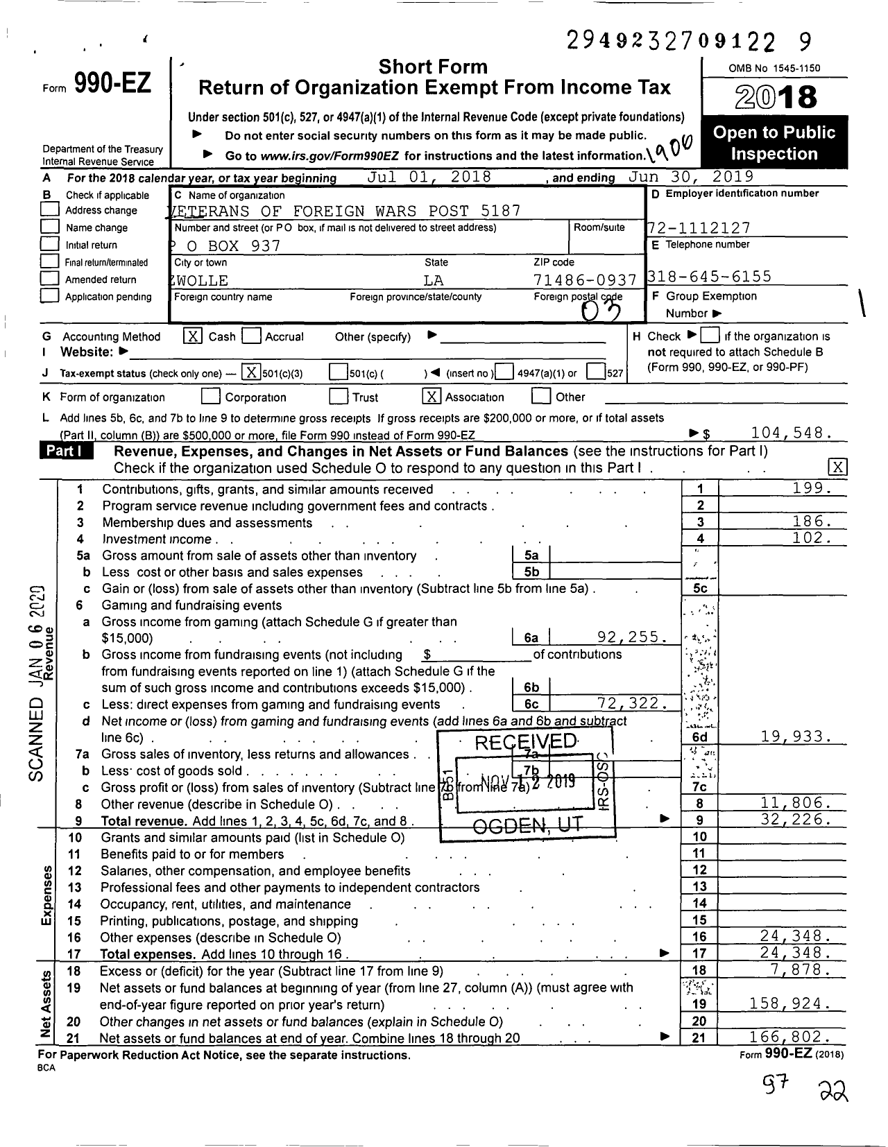 Image of first page of 2018 Form 990EZ for Veterans of Foreign Wars of the United States Dept of Louisiana - 5187 Zwolle Ebarb Mem