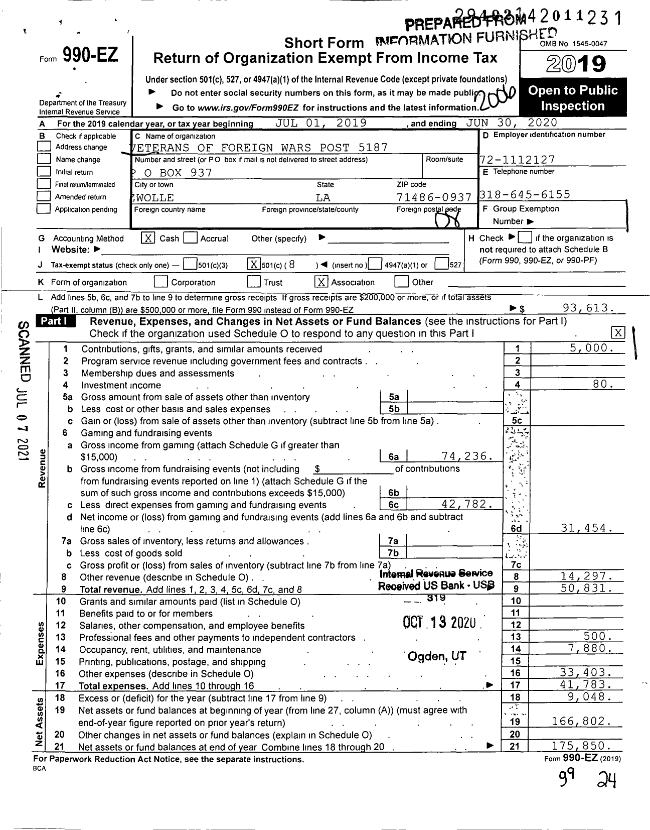 Image of first page of 2019 Form 990EO for Veterans of Foreign Wars of the United States Dept of Louisiana - 5187 Zwolle Ebarb Mem