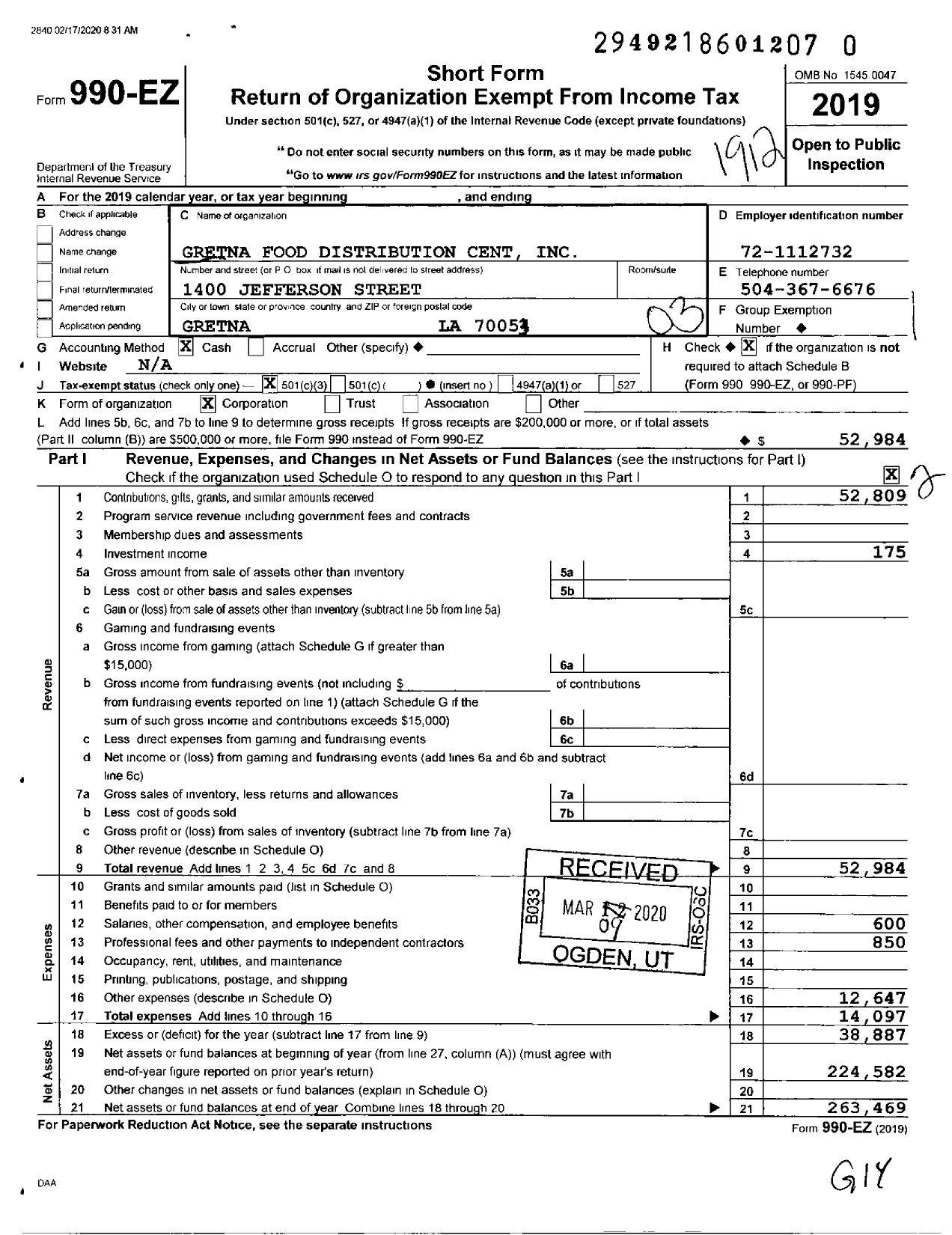 Image of first page of 2019 Form 990EZ for Gretna Food Distribution Cent
