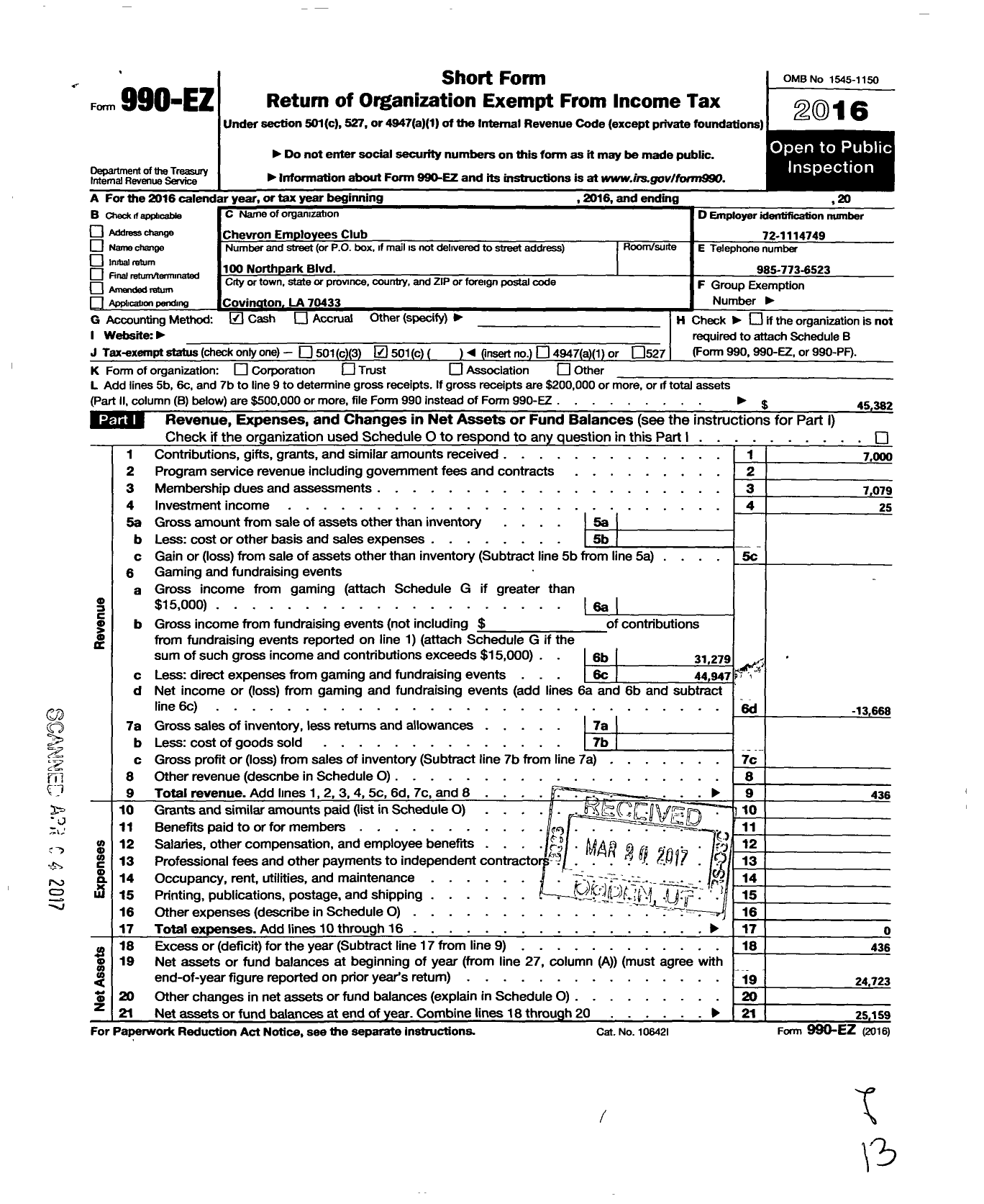 Image of first page of 2016 Form 990EO for Chevron Employees Club