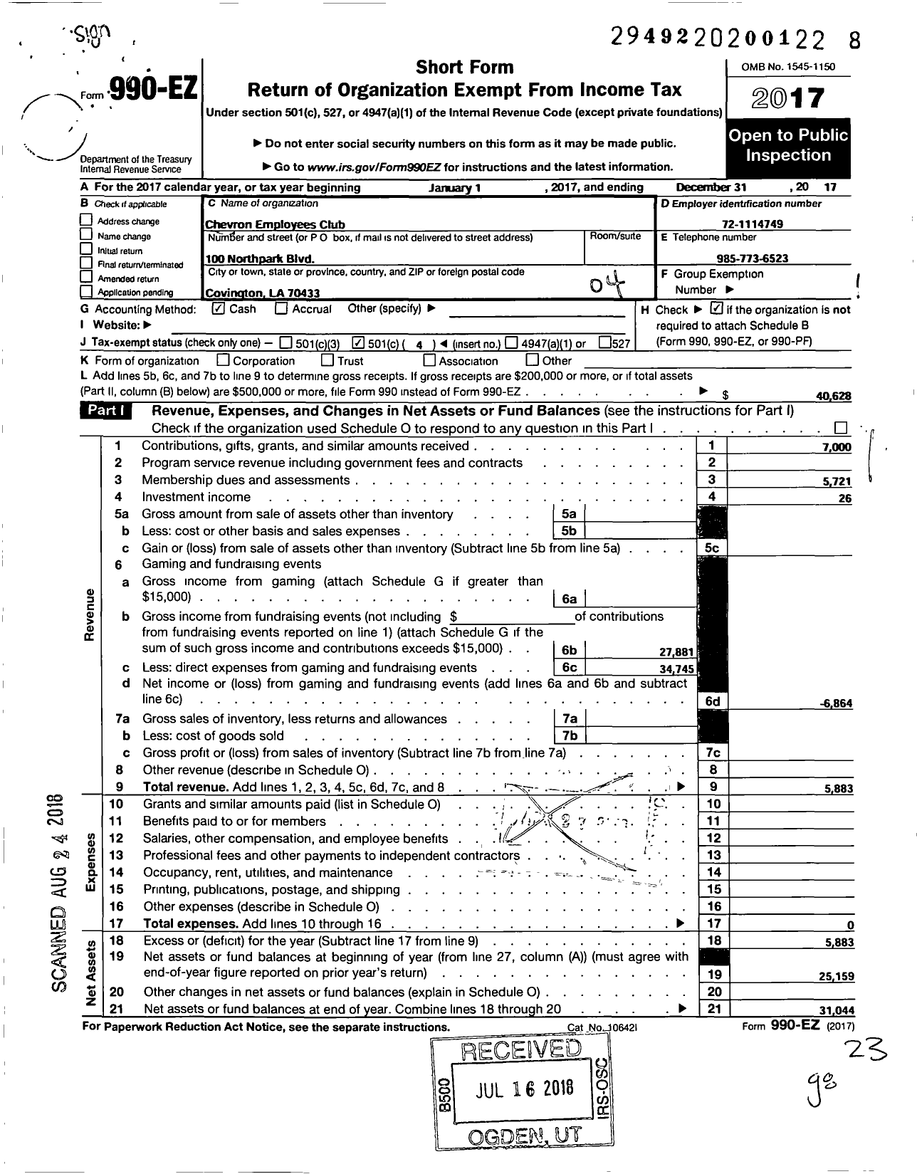 Image of first page of 2017 Form 990EO for Chevron Employees Club