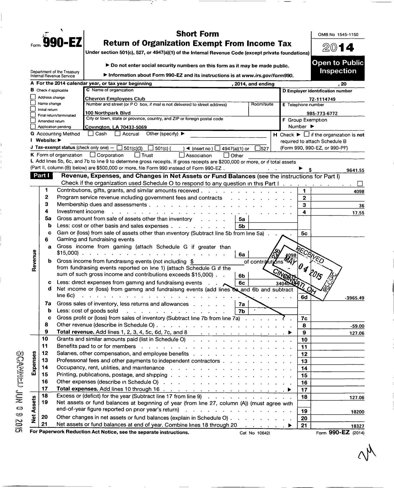 Image of first page of 2014 Form 990EO for Chevron Employees Club