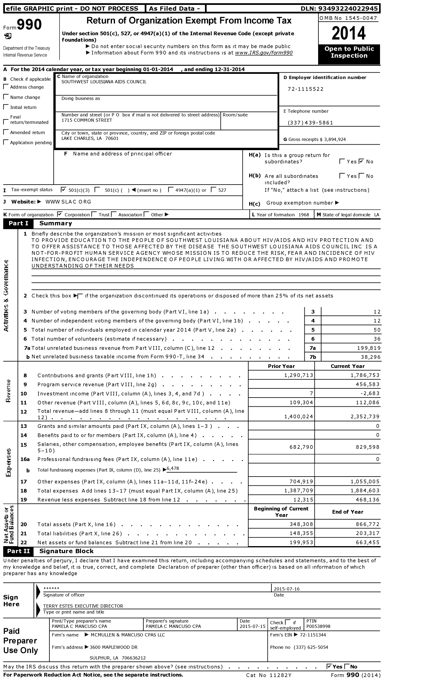Image of first page of 2014 Form 990 for Southwest Louisiana AIDS Council