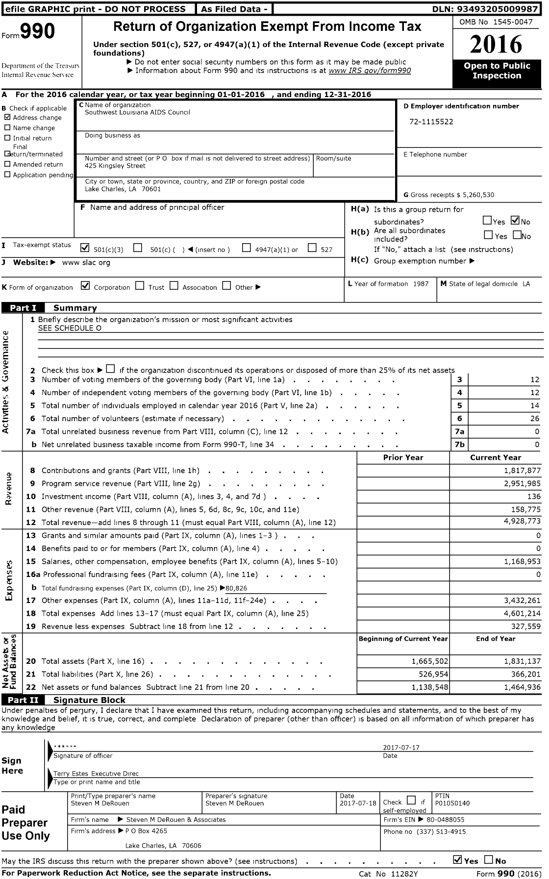 Image of first page of 2016 Form 990 for Southwest Louisiana AIDS Council