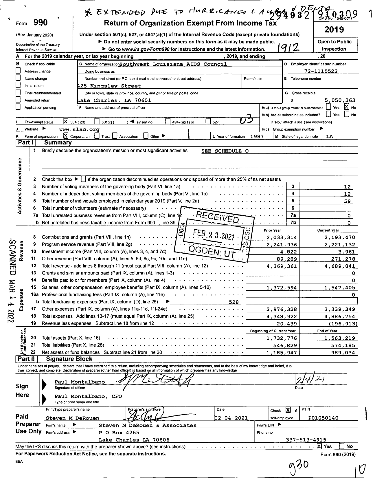 Image of first page of 2019 Form 990 for Southwest Louisiana AIDS Council