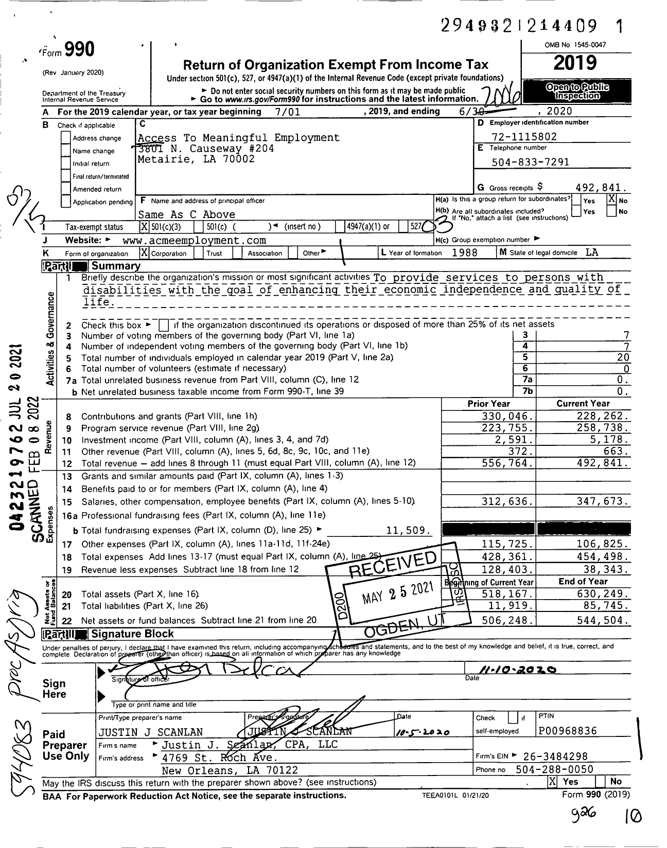 Image of first page of 2019 Form 990 for Access To Meaningful Employment