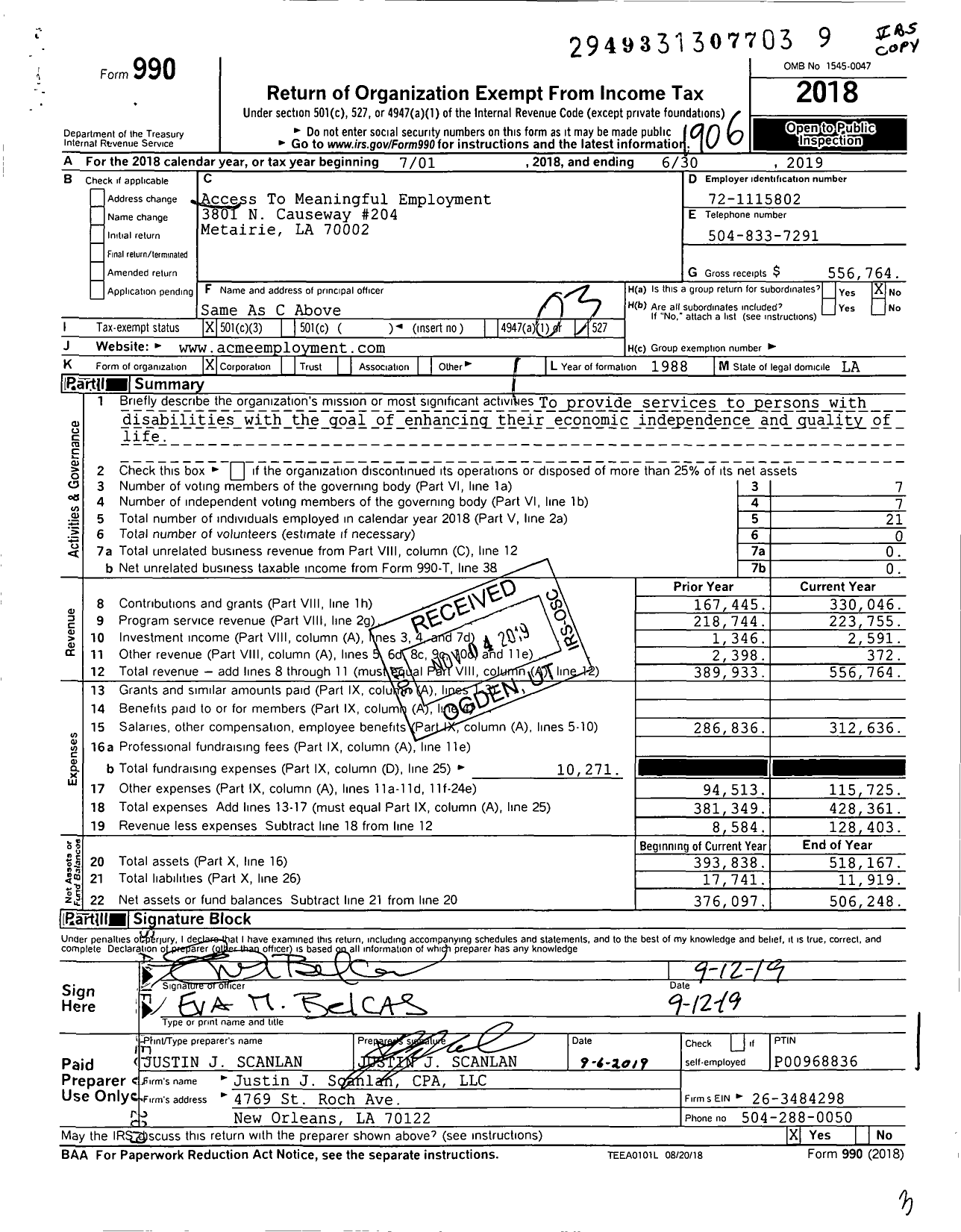 Image of first page of 2018 Form 990 for Access To Meaningful Employment