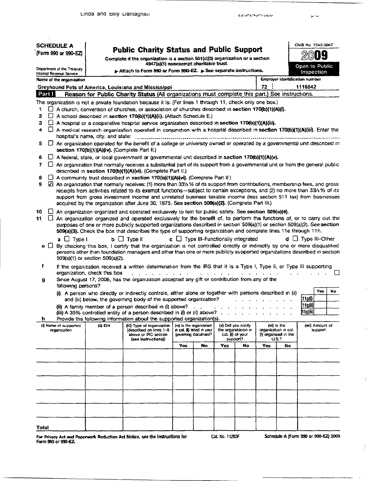 Image of first page of 2009 Form 990ER for Greyhound Pets of America / Louisiana & Mississippi