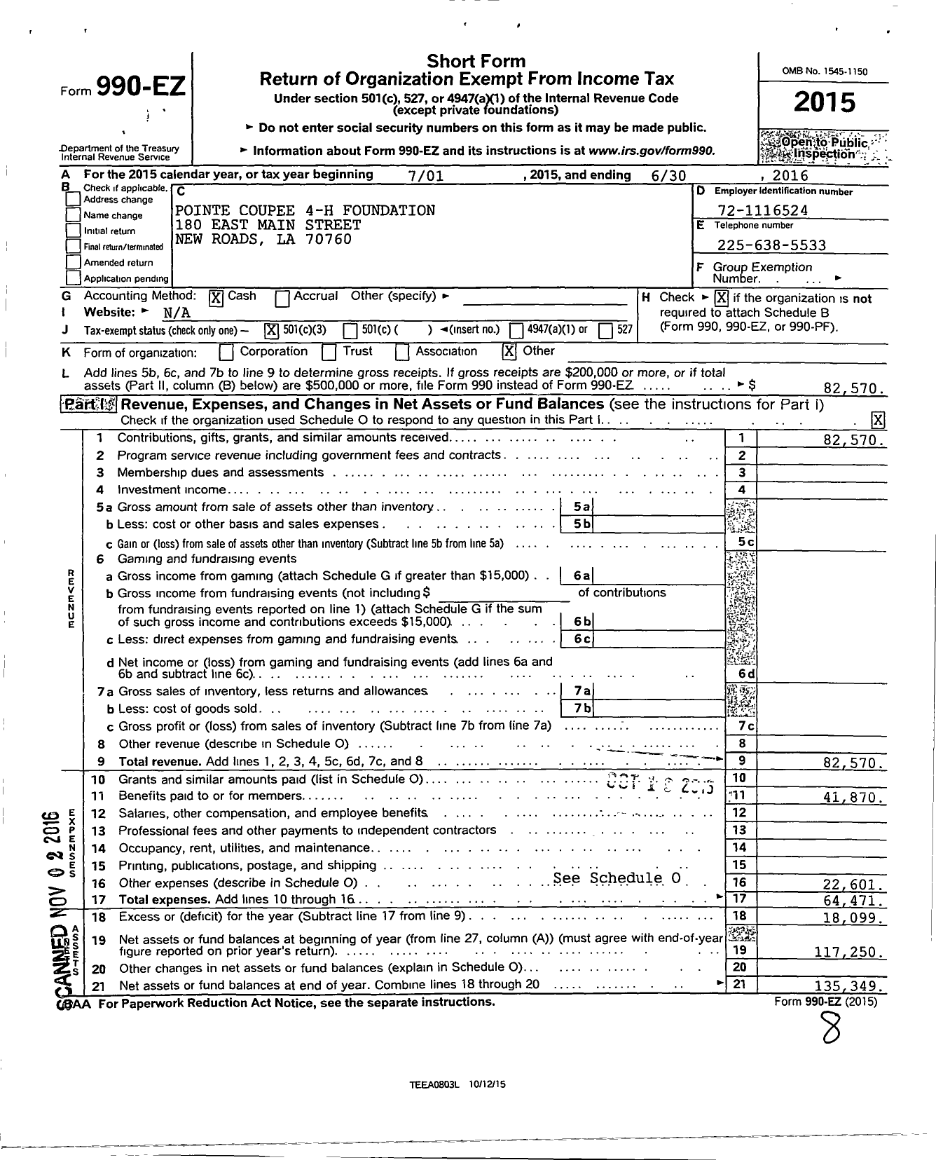 Image of first page of 2015 Form 990EZ for Pointe Coupee 4-H Foundation