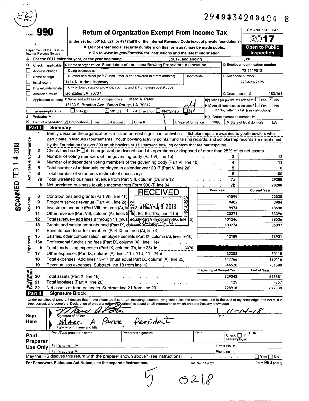 Image of first page of 2017 Form 990O for Foundation of the Louisiana Bowling Proprietors Association (FLBPA)