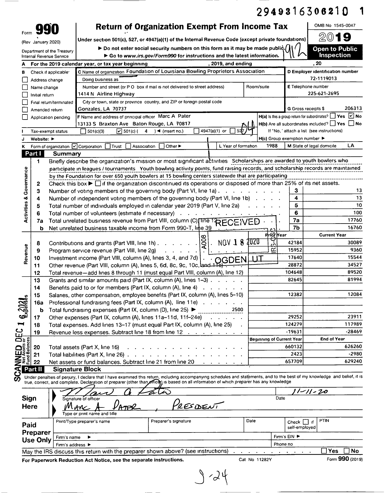 Image of first page of 2019 Form 990O for Foundation of the Louisiana Bowling Proprietors Association (FLBPA)