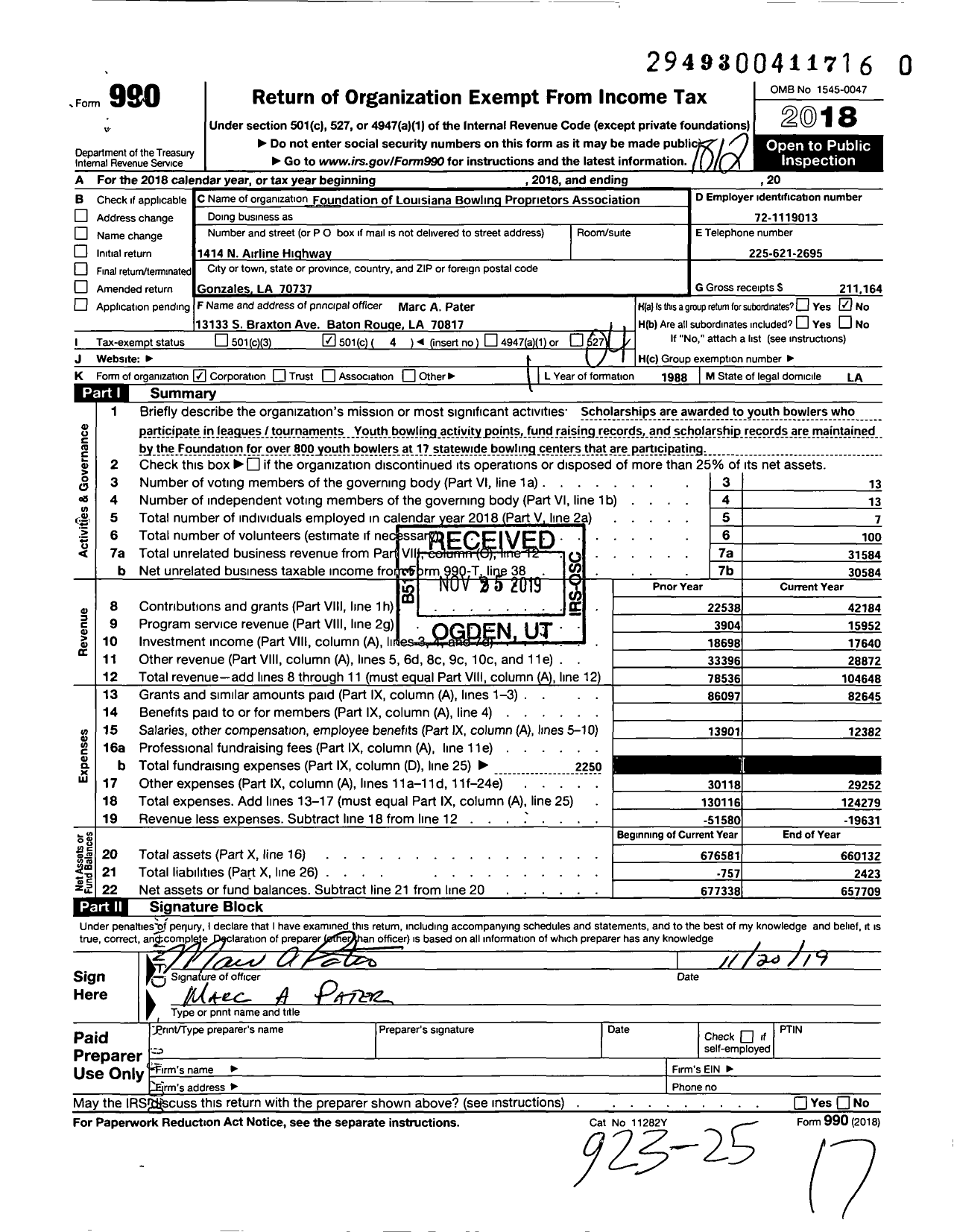 Image of first page of 2018 Form 990O for Foundation of the Louisiana Bowling Proprietors Association (FLBPA)