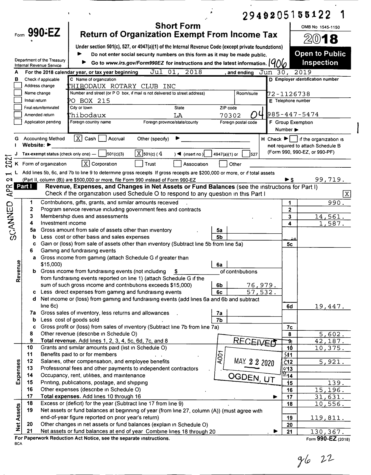 Image of first page of 2018 Form 990EO for Rotary International - Thibodaux Rotary Club