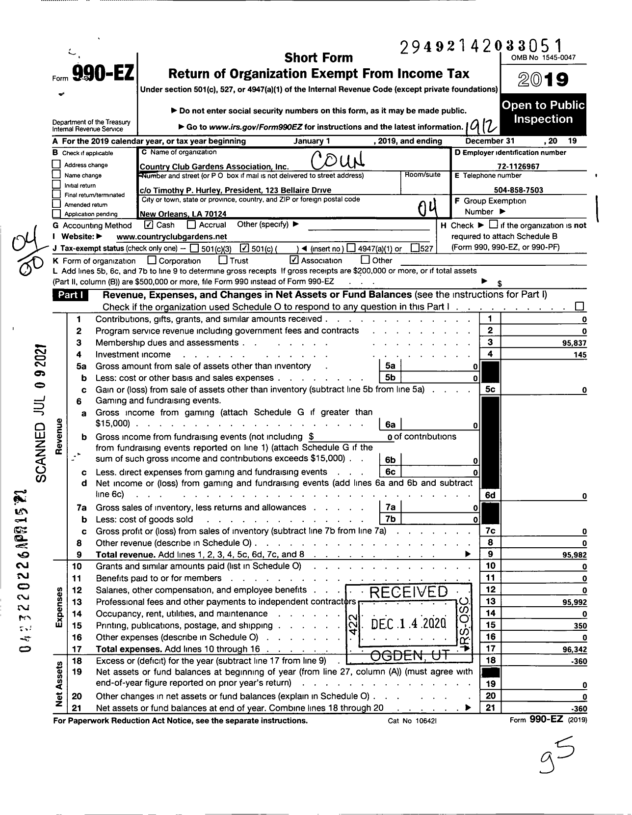 Image of first page of 2019 Form 990EO for Country Club Gardens Association