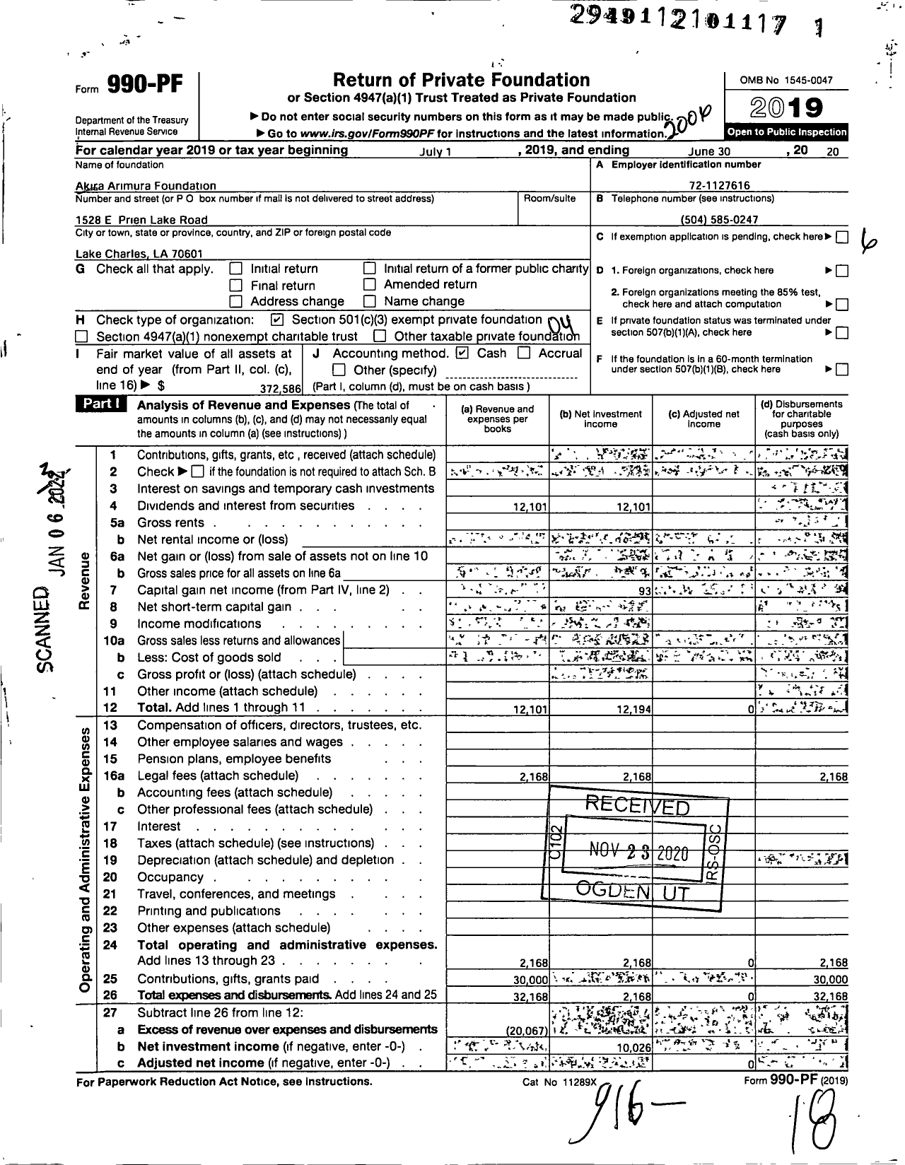 Image of first page of 2019 Form 990PF for Akira Arimura Foundation