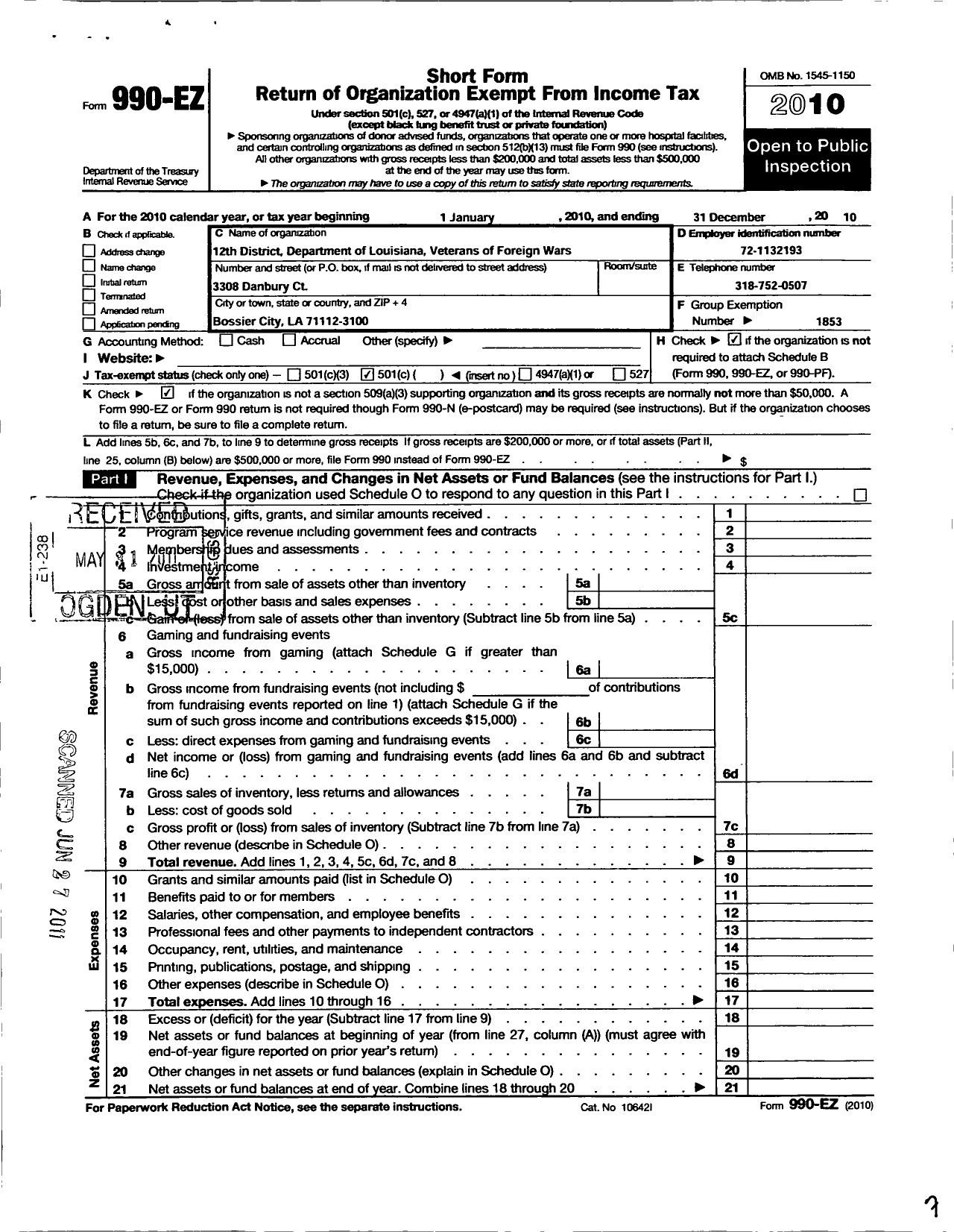 Image of first page of 2010 Form 990EO for Veterans of Foreign Wars of the Us Department of Louisiana - Louisiana District 12