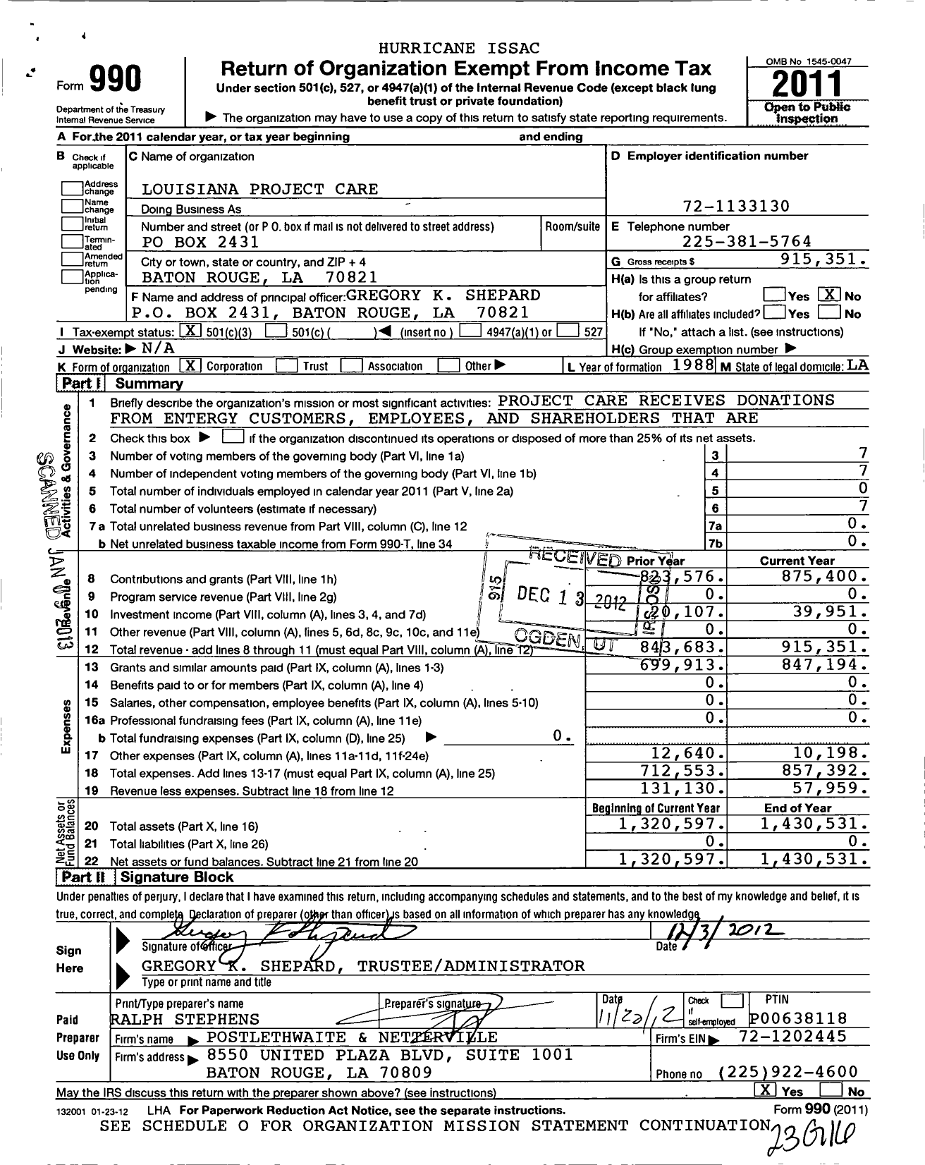 Image of first page of 2011 Form 990 for Louisiana Project Care