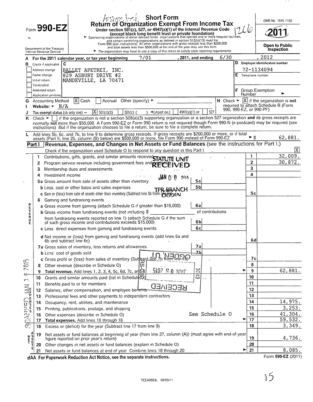 Image of first page of 2011 Form 990EZ for Ballet Apetrei