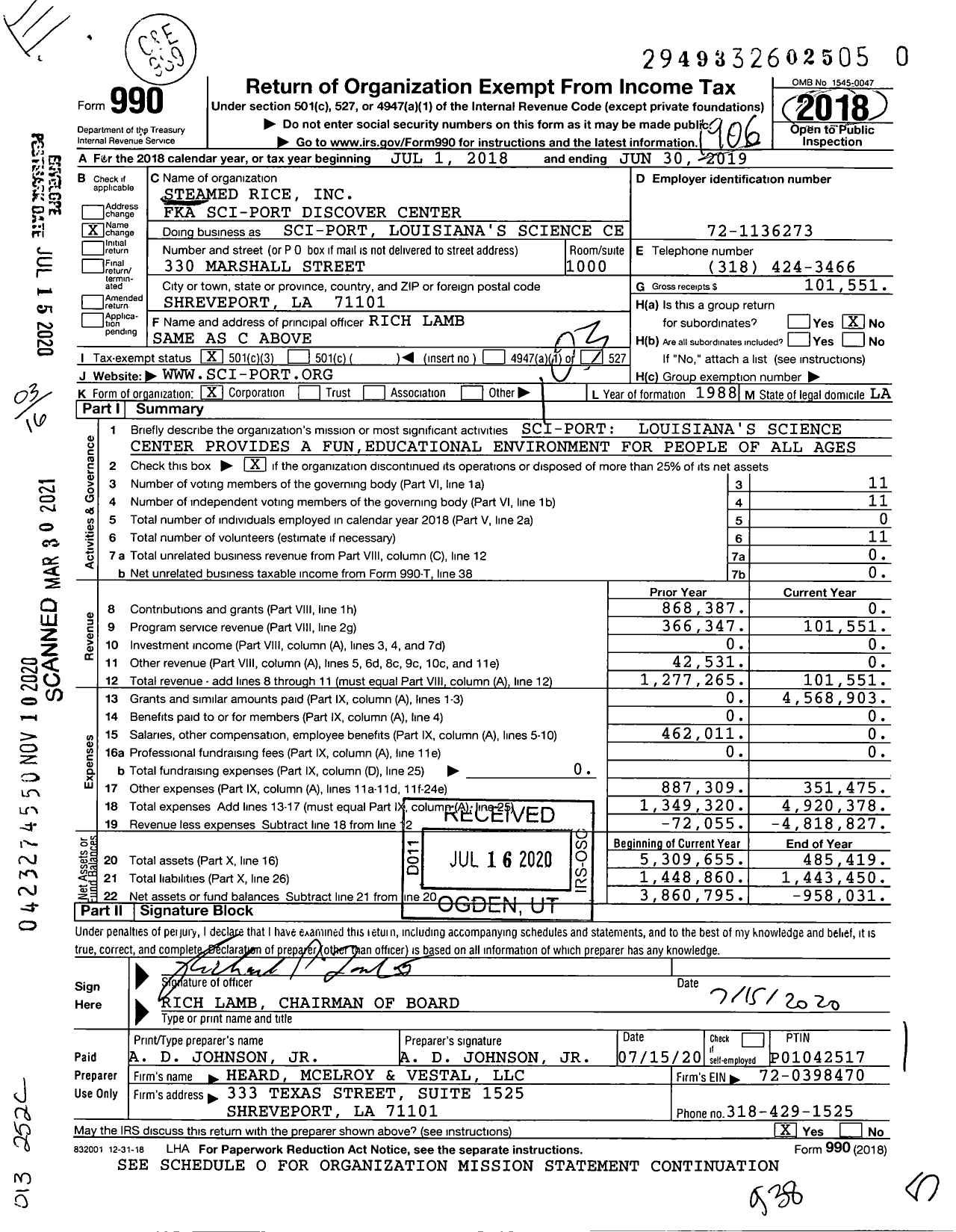 Image of first page of 2018 Form 990 for Steamed Rice