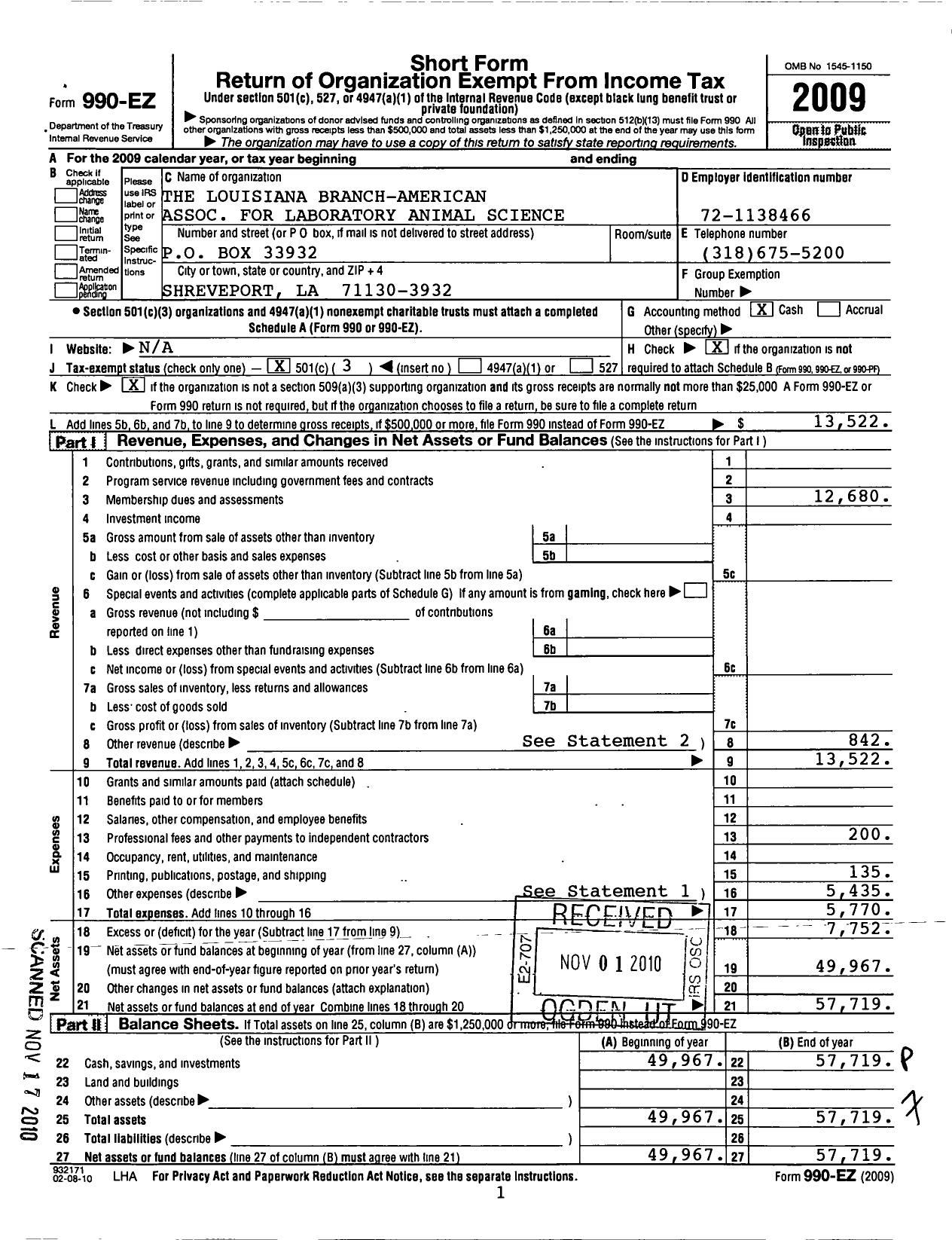 Image of first page of 2009 Form 990EZ for Louisiana Branch-American Association for Laboratory Animal Science