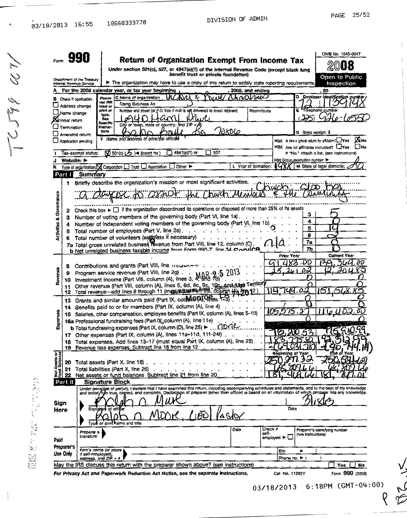 Image of first page of 2008 Form 990 for Victory and Power Ministries