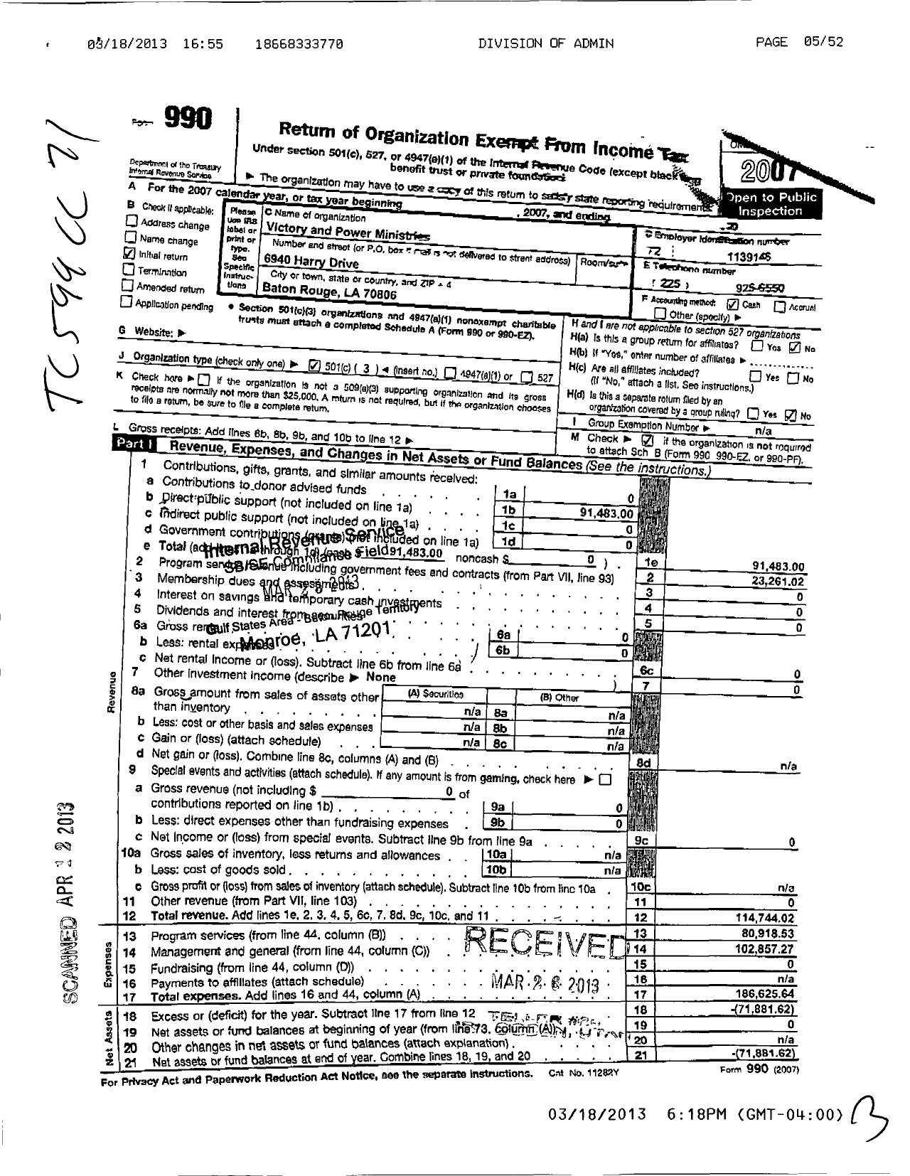 Image of first page of 2007 Form 990 for Victory and Power Ministries