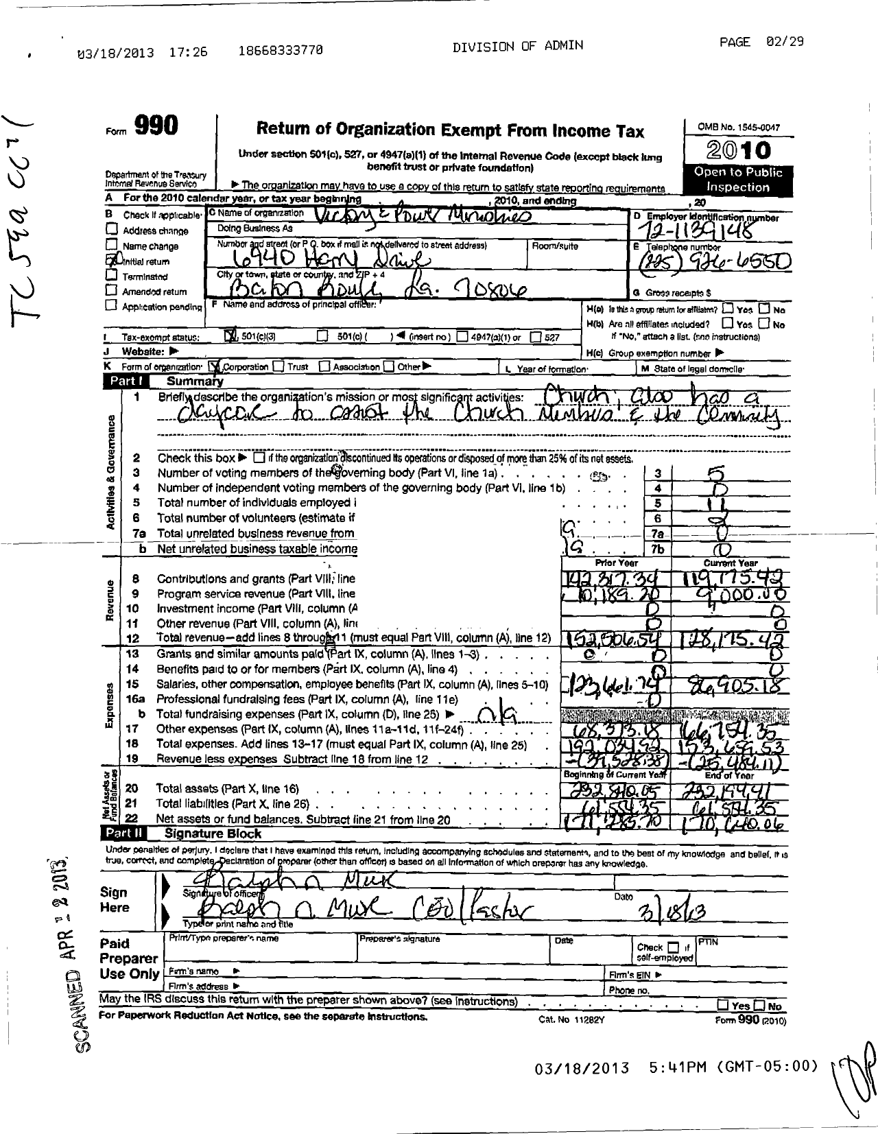 Image of first page of 2010 Form 990 for Victory and Power Ministries