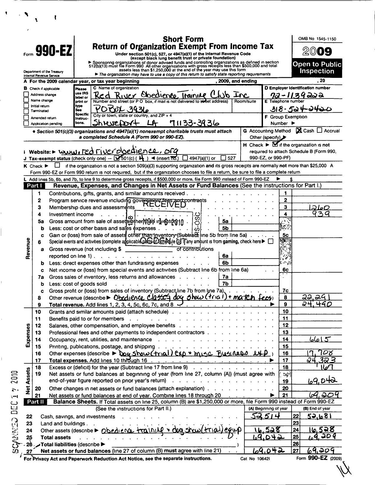 Image of first page of 2009 Form 990EO for Red River Obedience Training Club