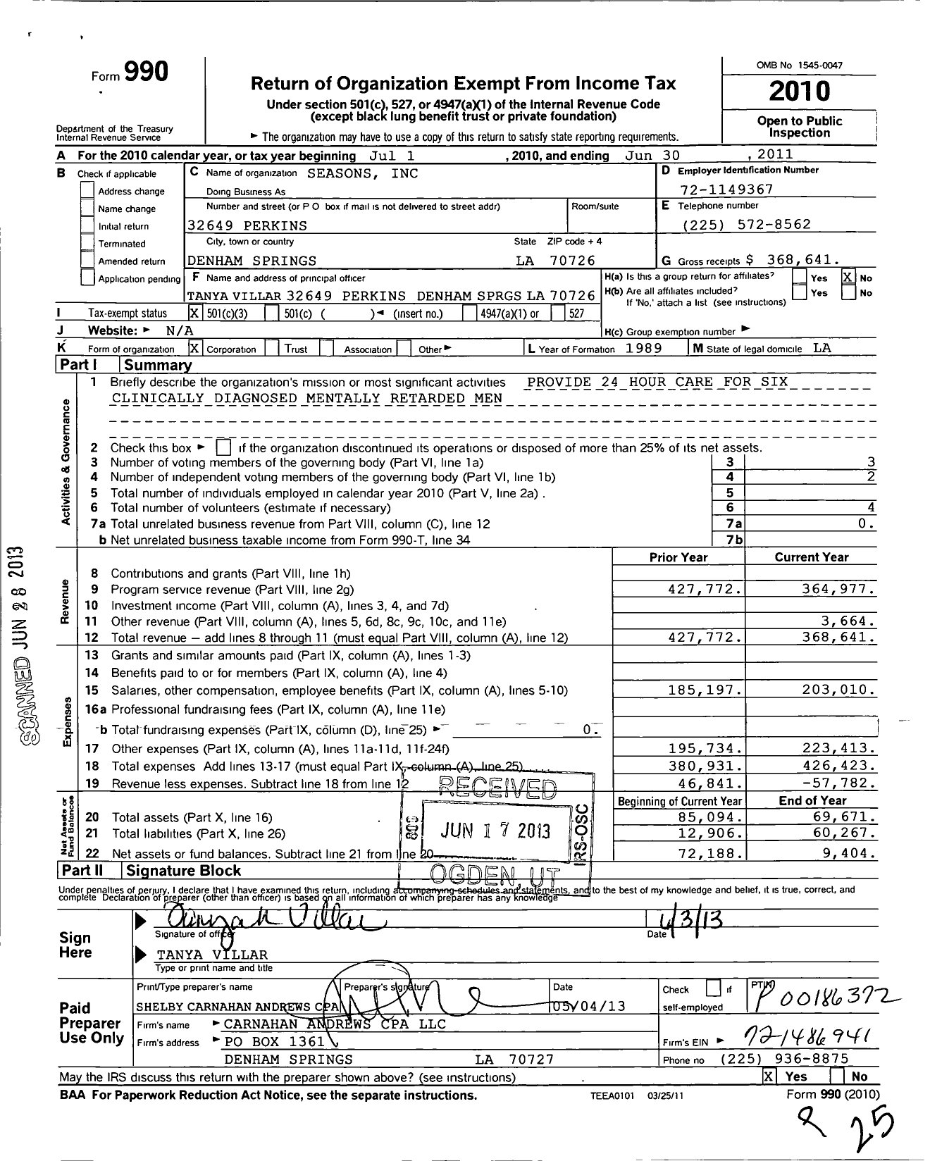 Image of first page of 2010 Form 990 for Seasons