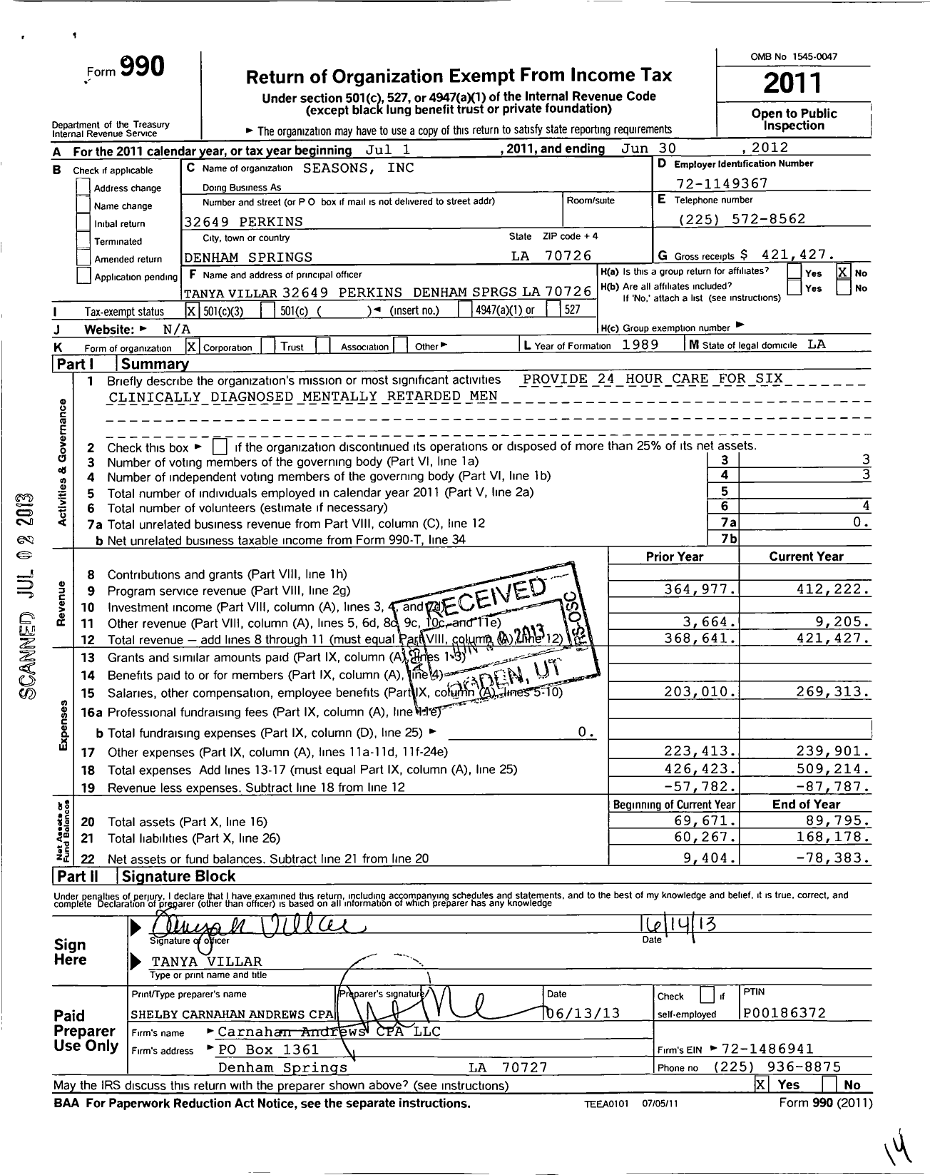 Image of first page of 2011 Form 990 for Seasons