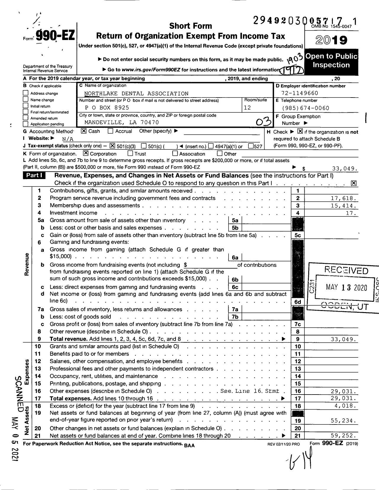 Image of first page of 2018 Form 990EZ for Northlake Dental Association